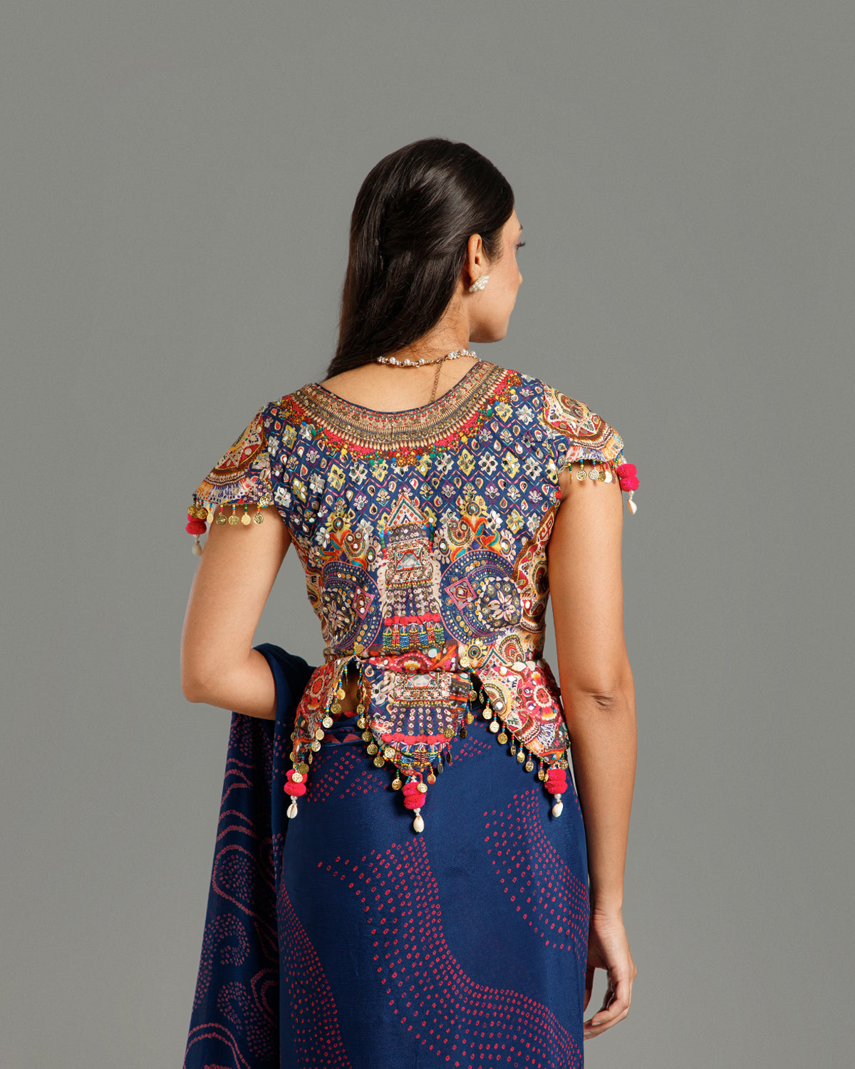 Blue Bandhej Print Chinon Crepe Saree