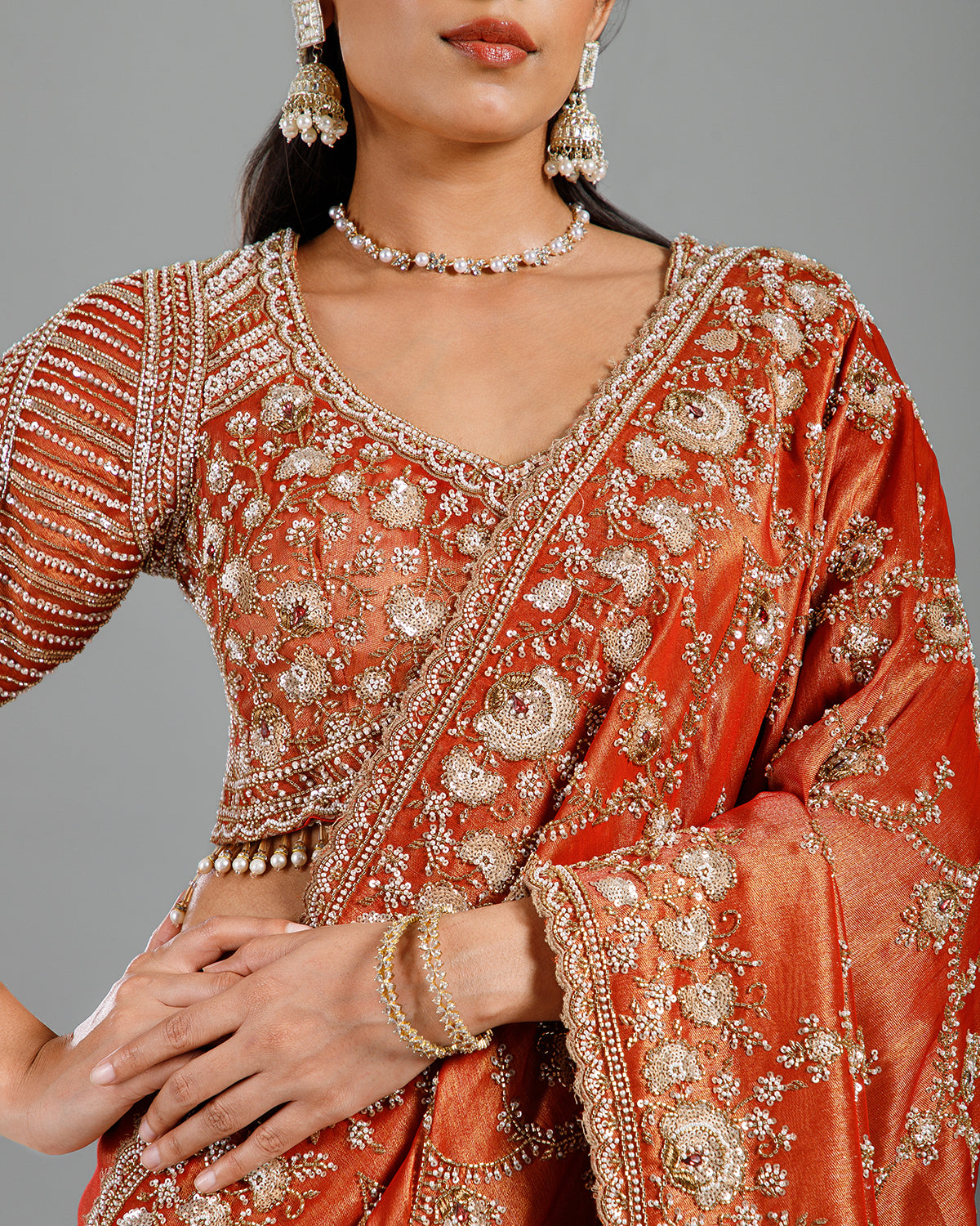 Rust Tissue Saree with Self Weave, Cutdana & Beads Work - House of Surya