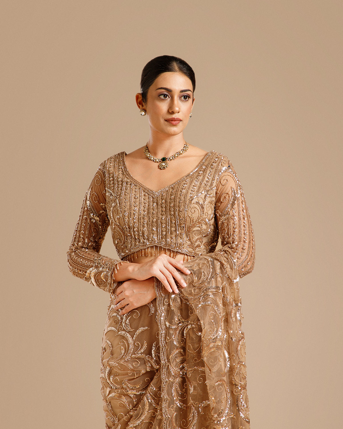 Beige Net Saree with Sequin & Cutdana Work