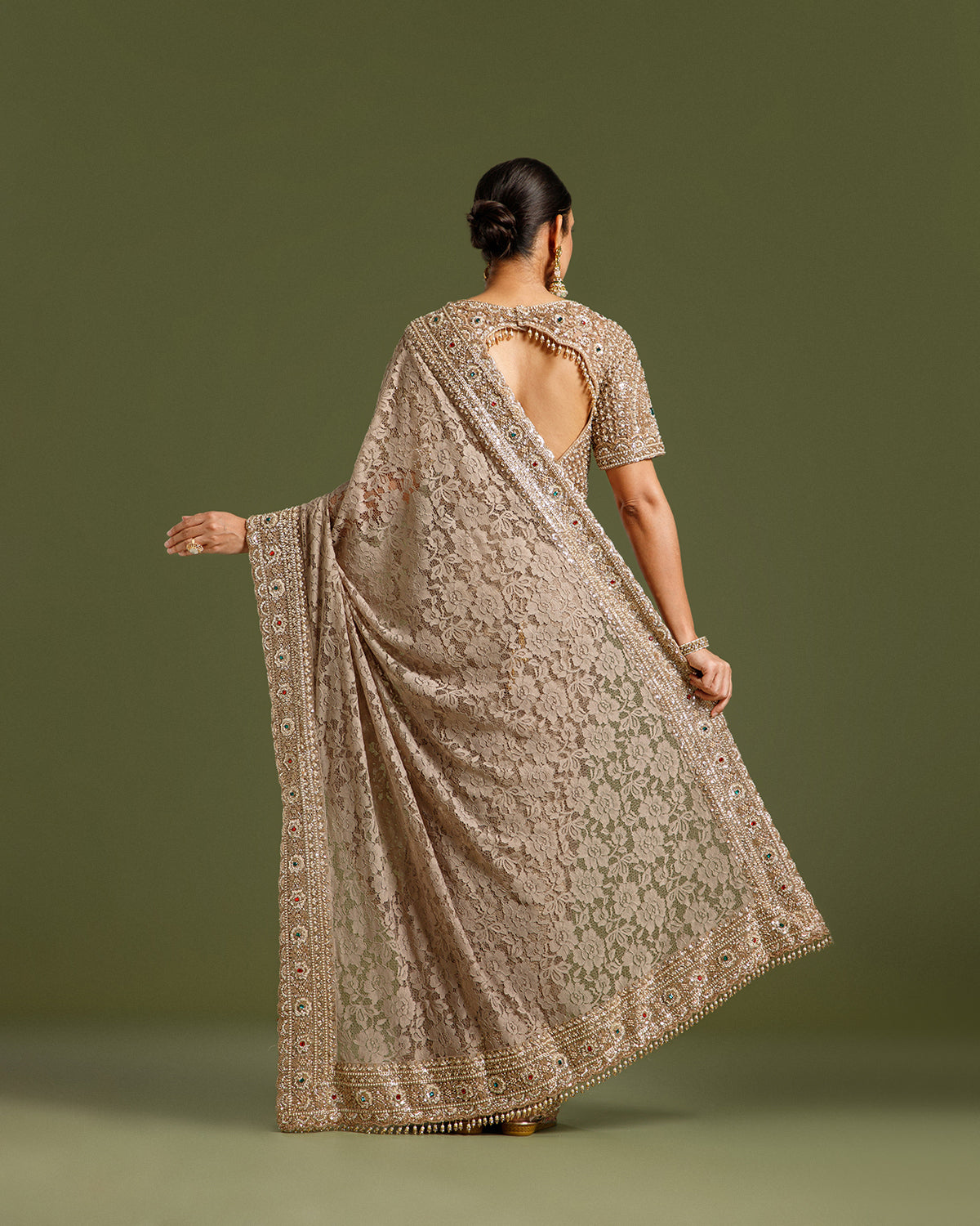 Elegant Ash Sandley Saree with Kundan & Sequin Work