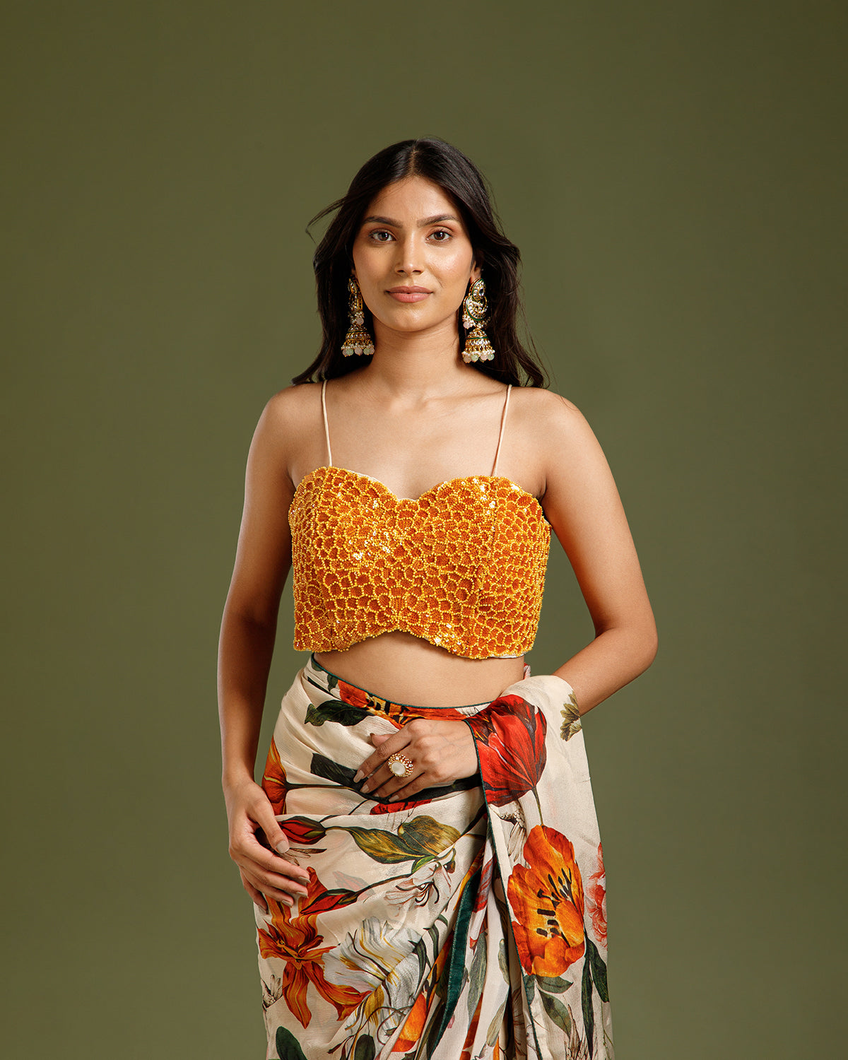 Ivory Multi Chinon Crepe Saree with Beads & Moti Work