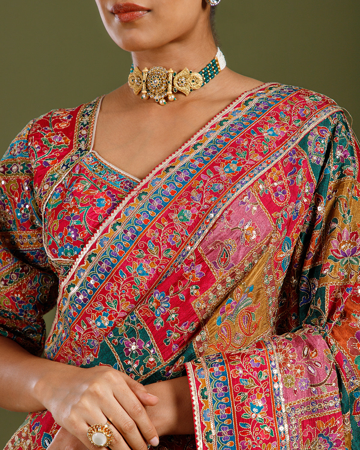 Rani Georgette Saree with Intricate Aari Work - House of Surya