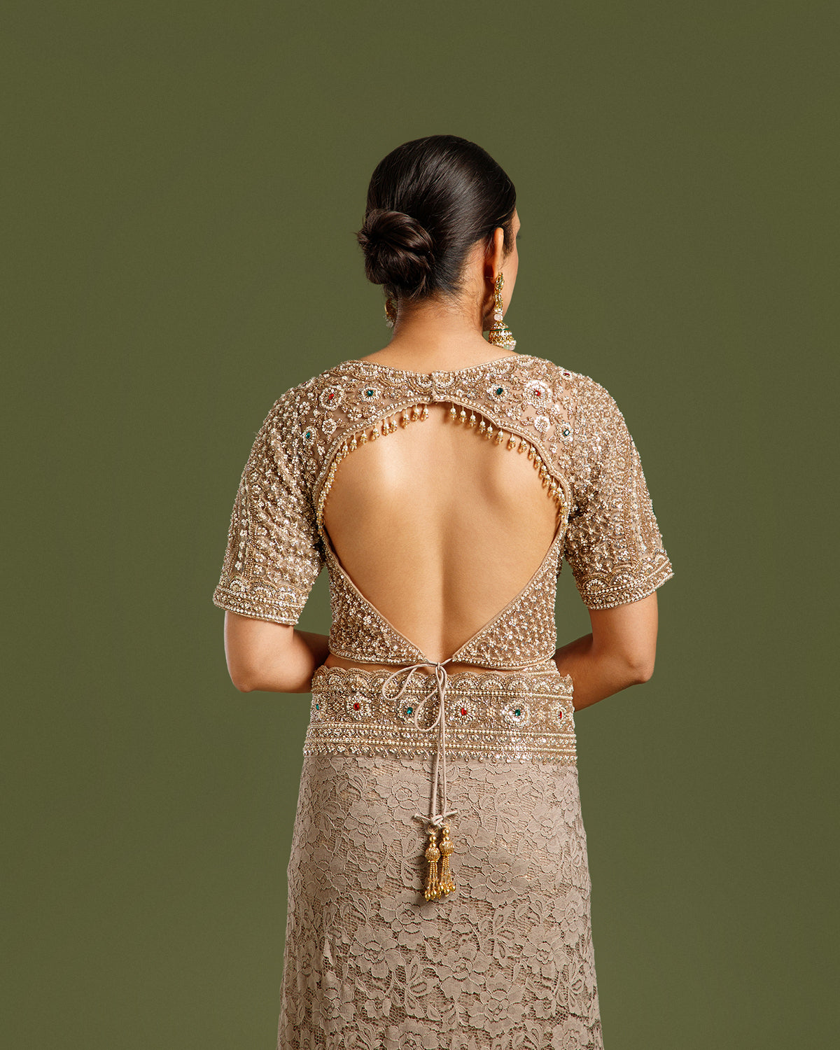 Elegant Ash Sandley Saree with Kundan & Sequin Work