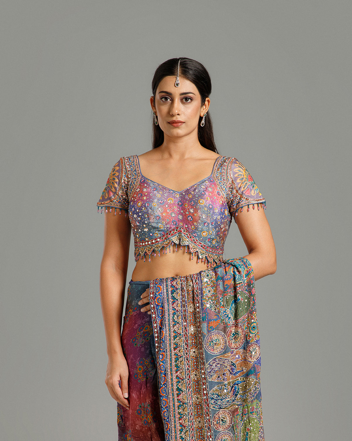 Multi Blue Chinon Crepe Saree