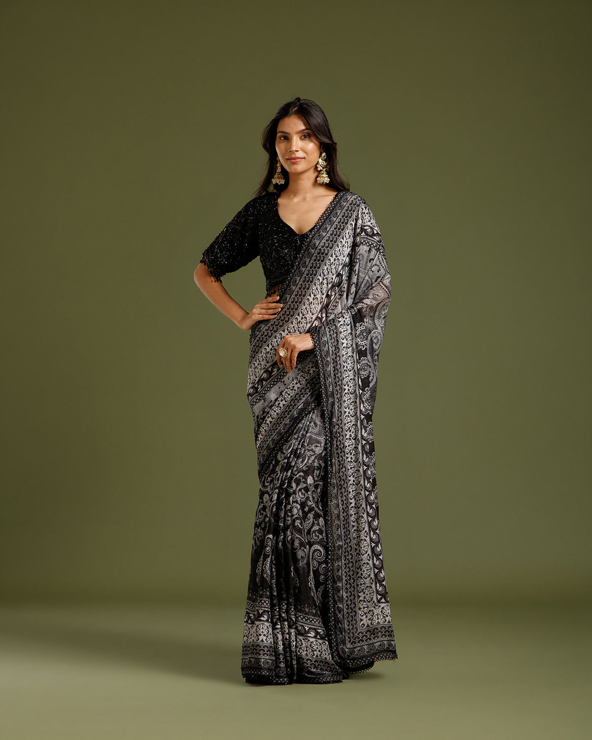 Black Chinon Crepe Saree with Nulki Work