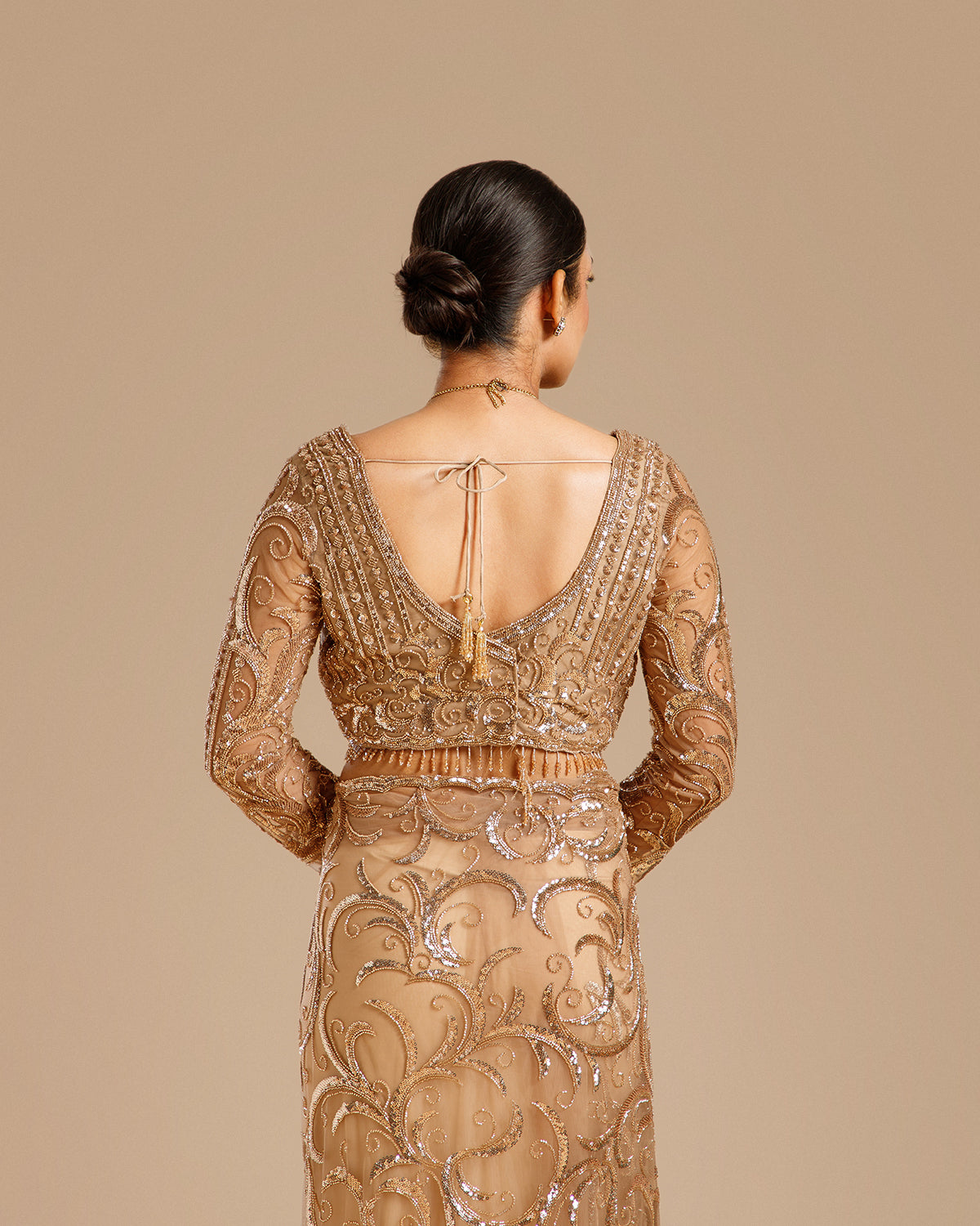 Beige Net Saree with Sequin & Cutdana Work