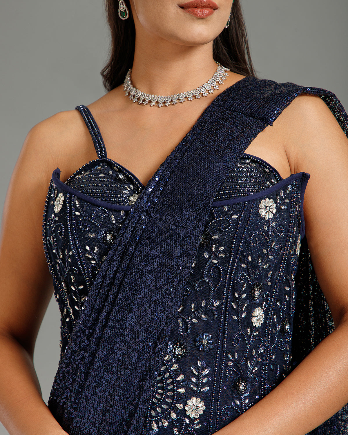 Navy Blue Sandley Saree with Sequin Work