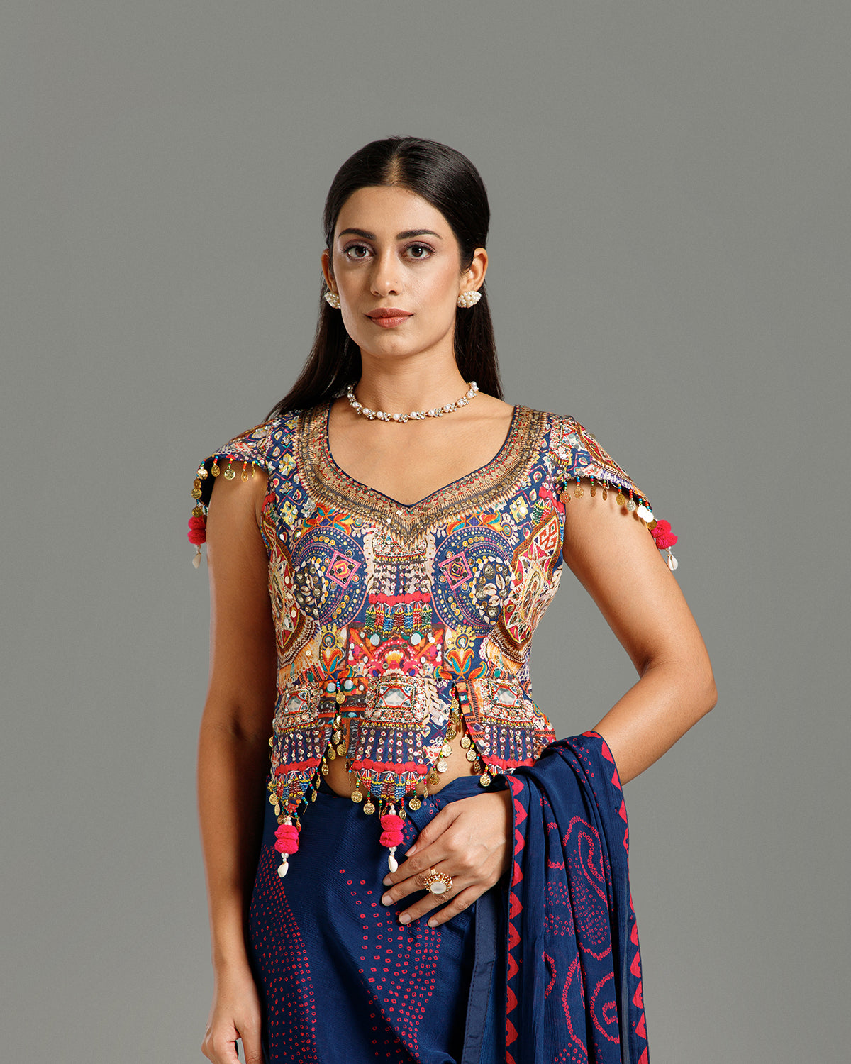 Blue Bandhej Print Chinon Crepe Saree