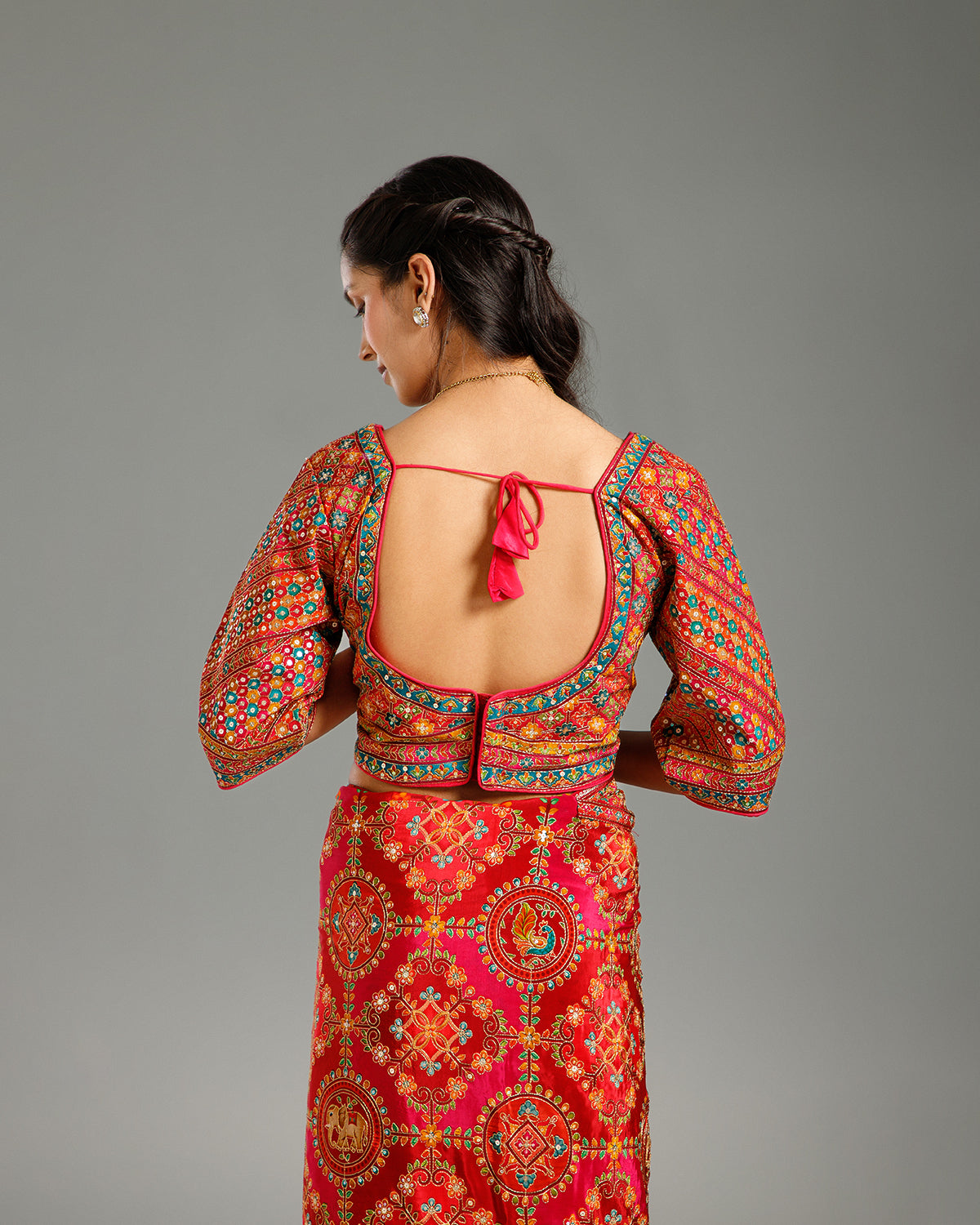 Multi Red Chinon Saree with Resham & Foil Work