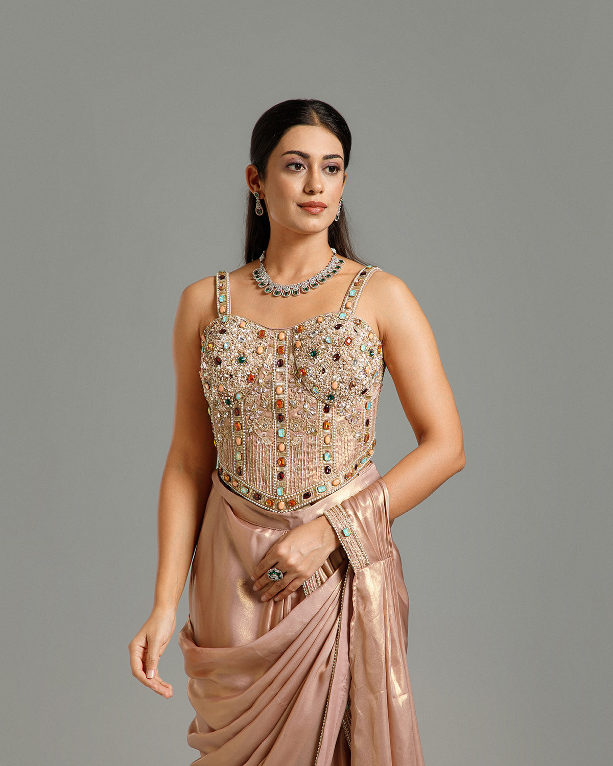 Peach Lycra Saree with Stone Work