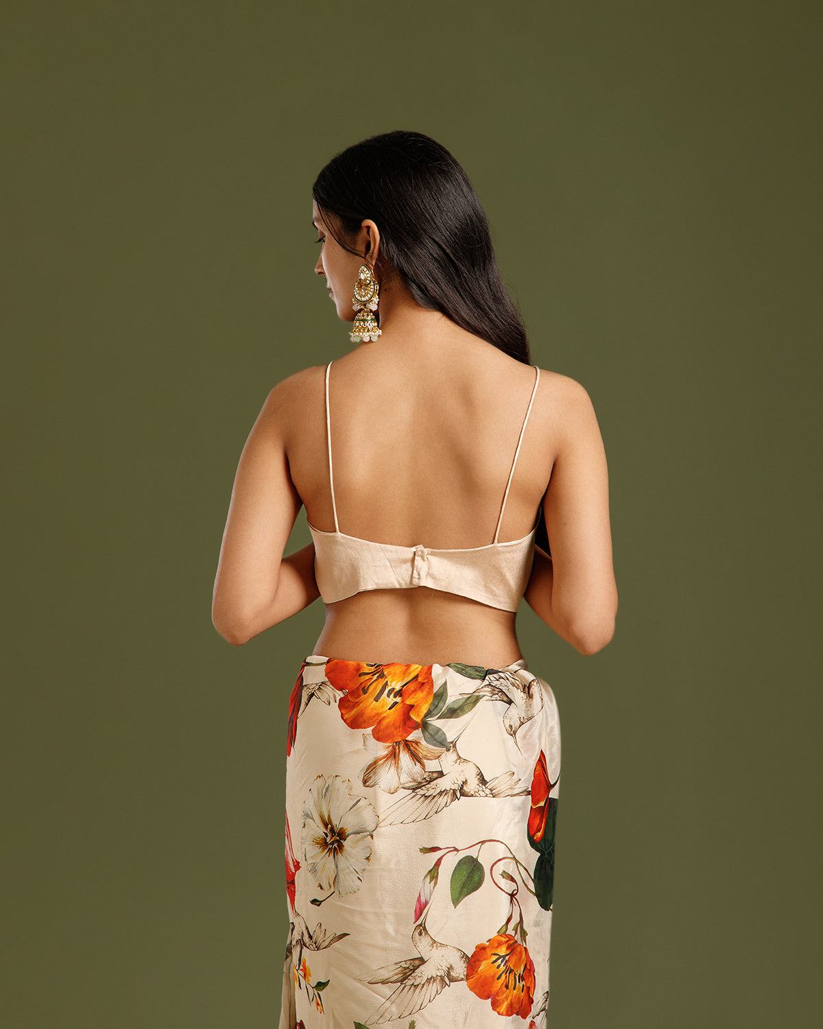 Ivory Multi Chinon Crepe Saree with Beads & Moti Work