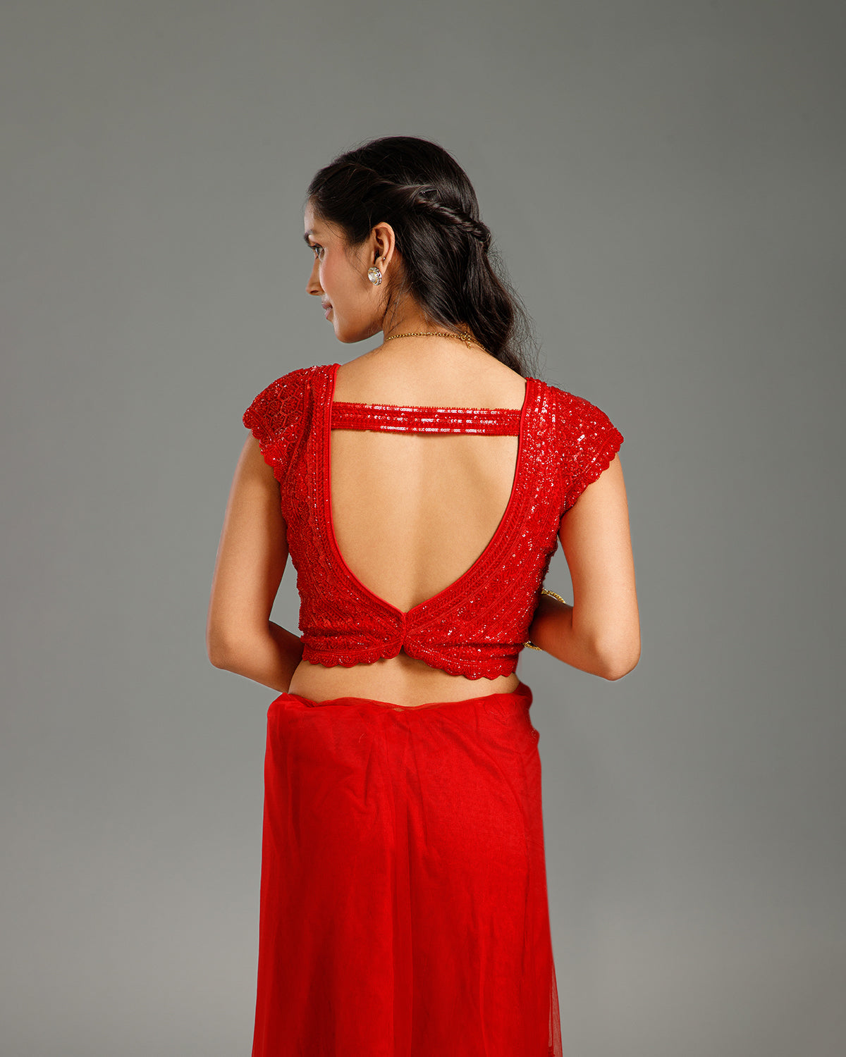Red Net Saree with Beads & Sequin Work