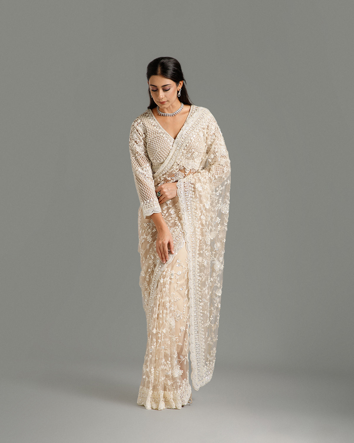 Beige Net Saree with Beads, Nulki, Sequin, Resham & Moti Work