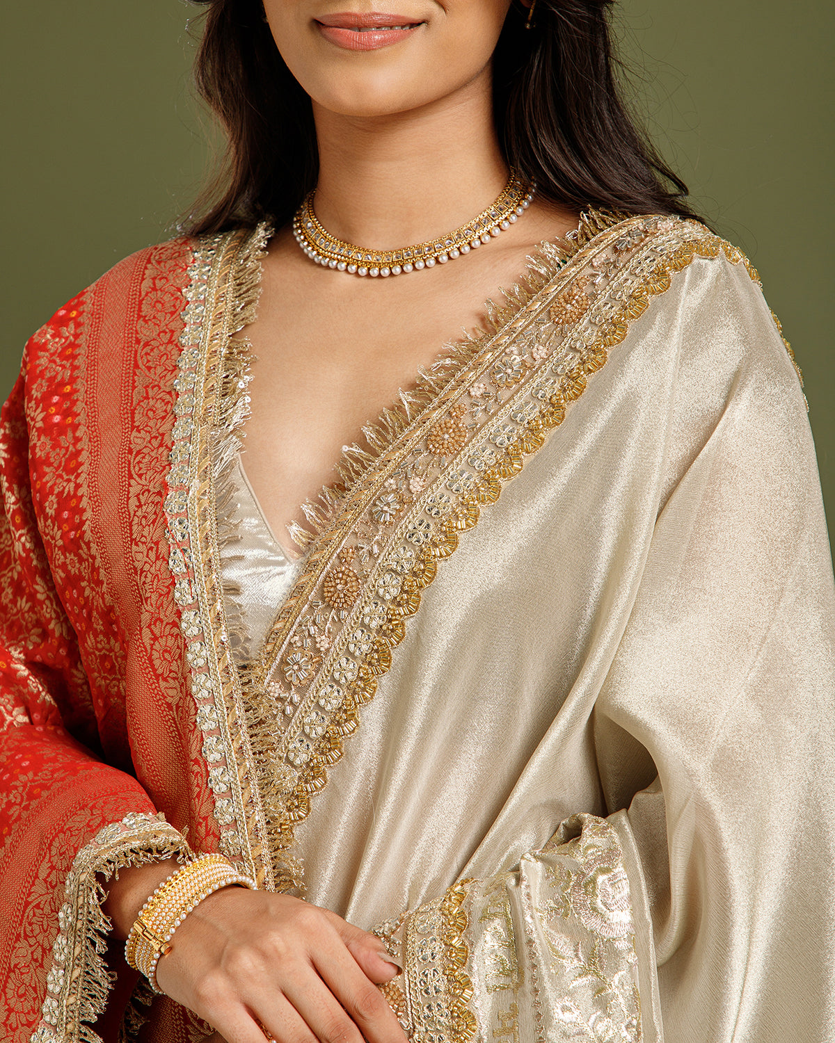 Beige Gold Tissue Organza Saree with Beads, Nulki, Gota Patti, Dori & Zari Work