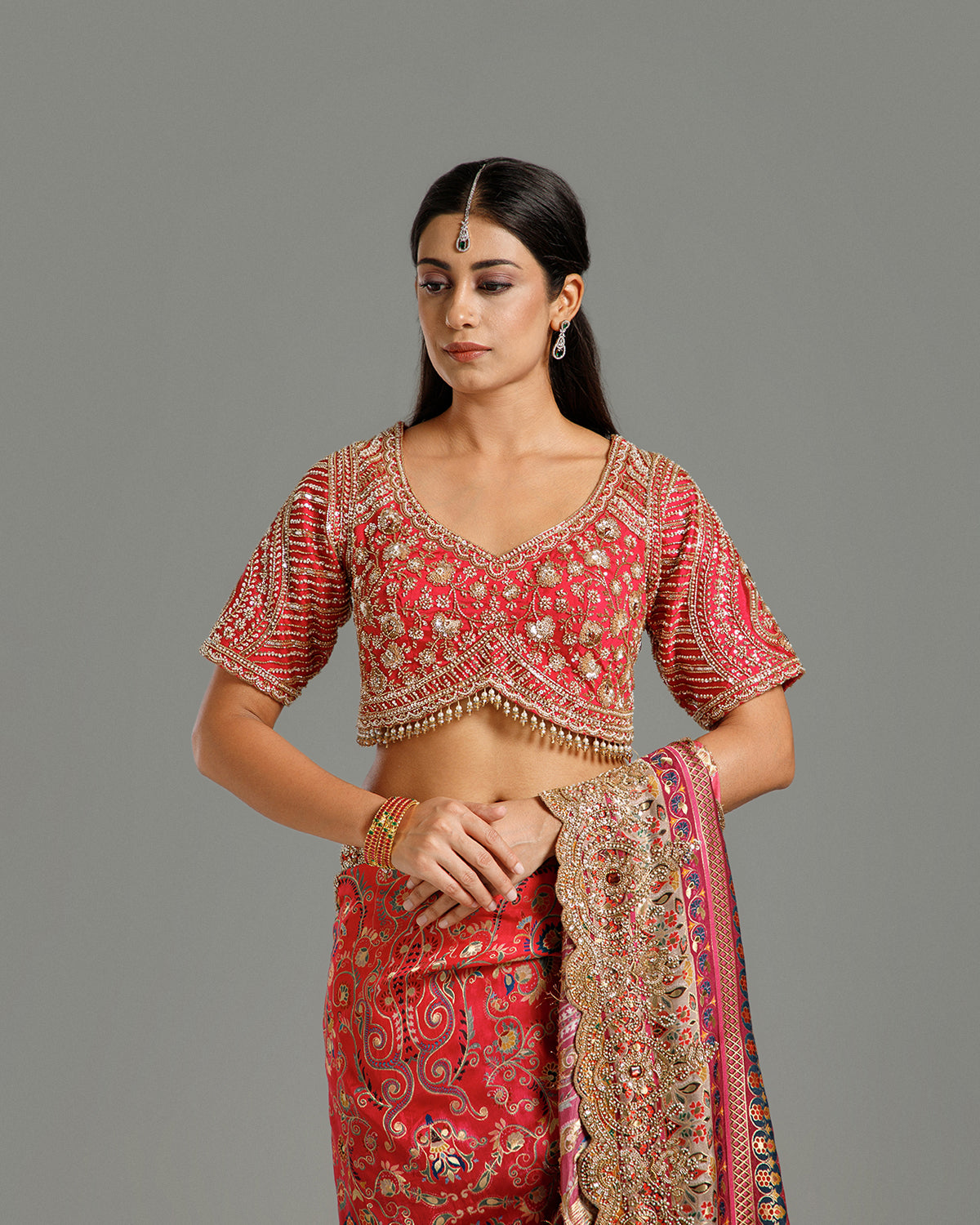 Rani & Purple Dola Silk Saree with Kundan, Zari & Sequin Work