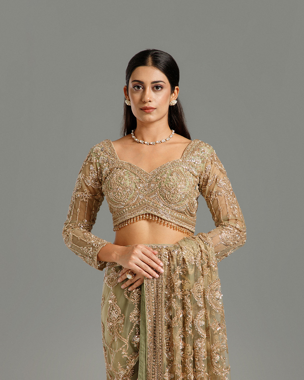 Pista Green Net Saree with Nulki & Sequin Work