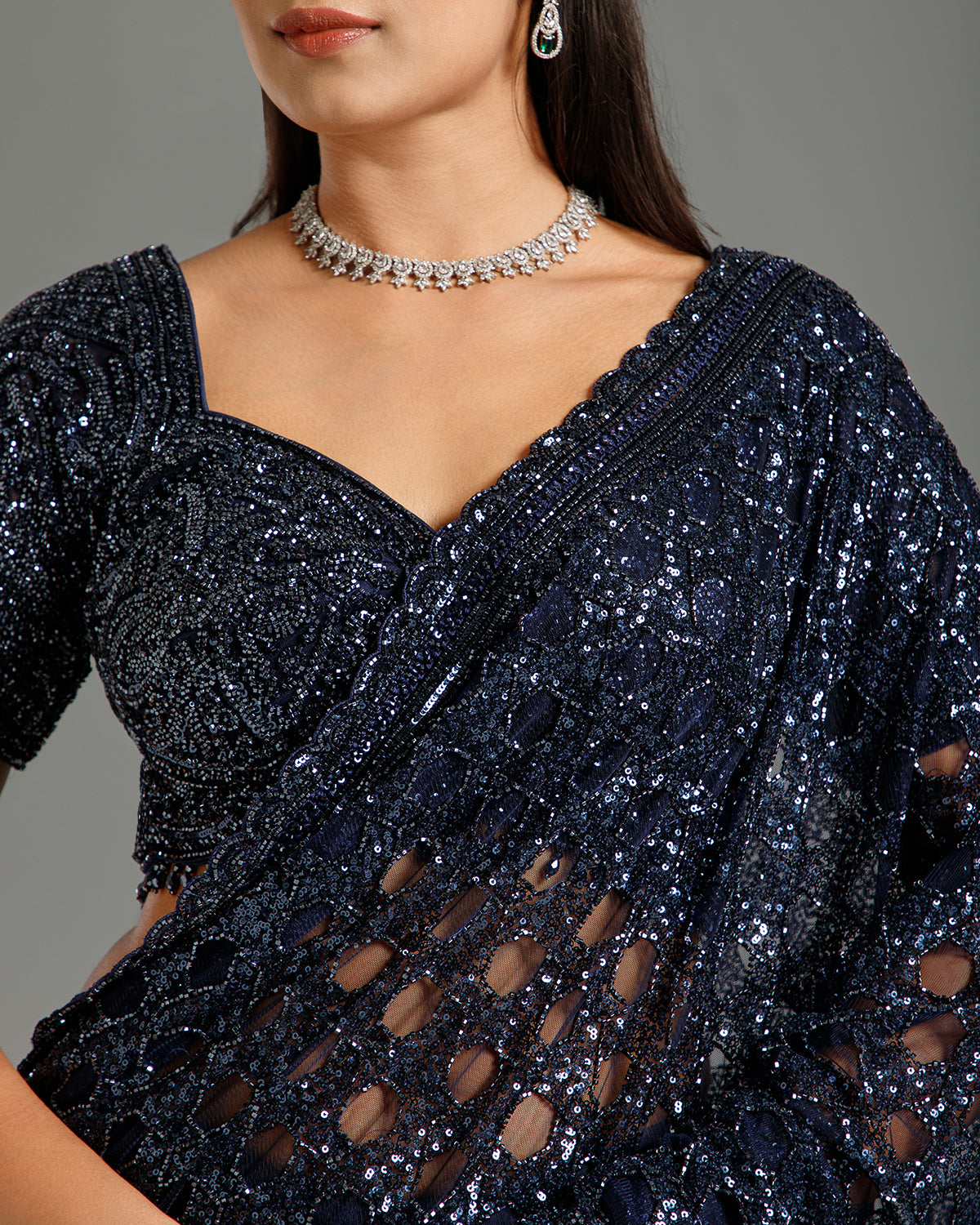 Navy Blue Net Saree with Beads, Nulki & Sequin Work