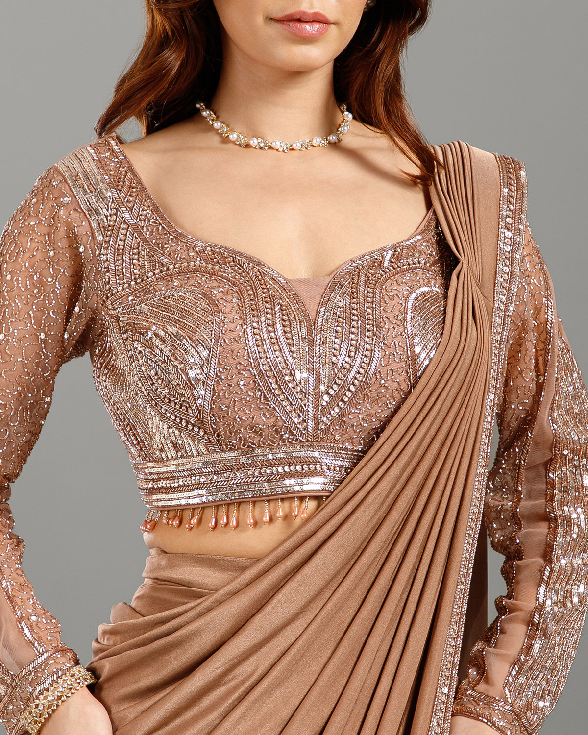 Chikoo Lycra Drape Saree with Hand Work - House of Surya