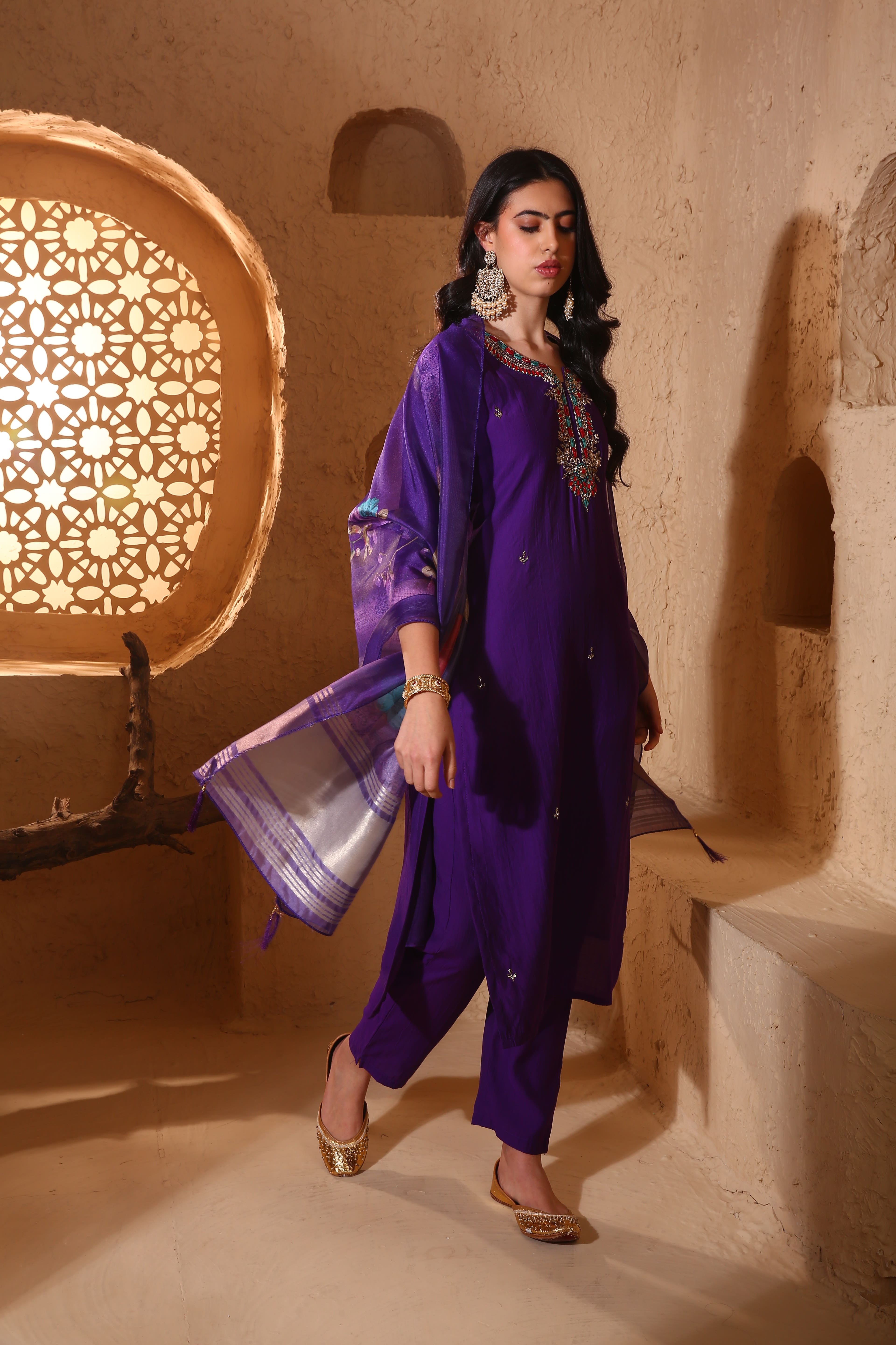 Purple Silk Suit Set with Resham & Cut Dana Work and Organza Dupatta