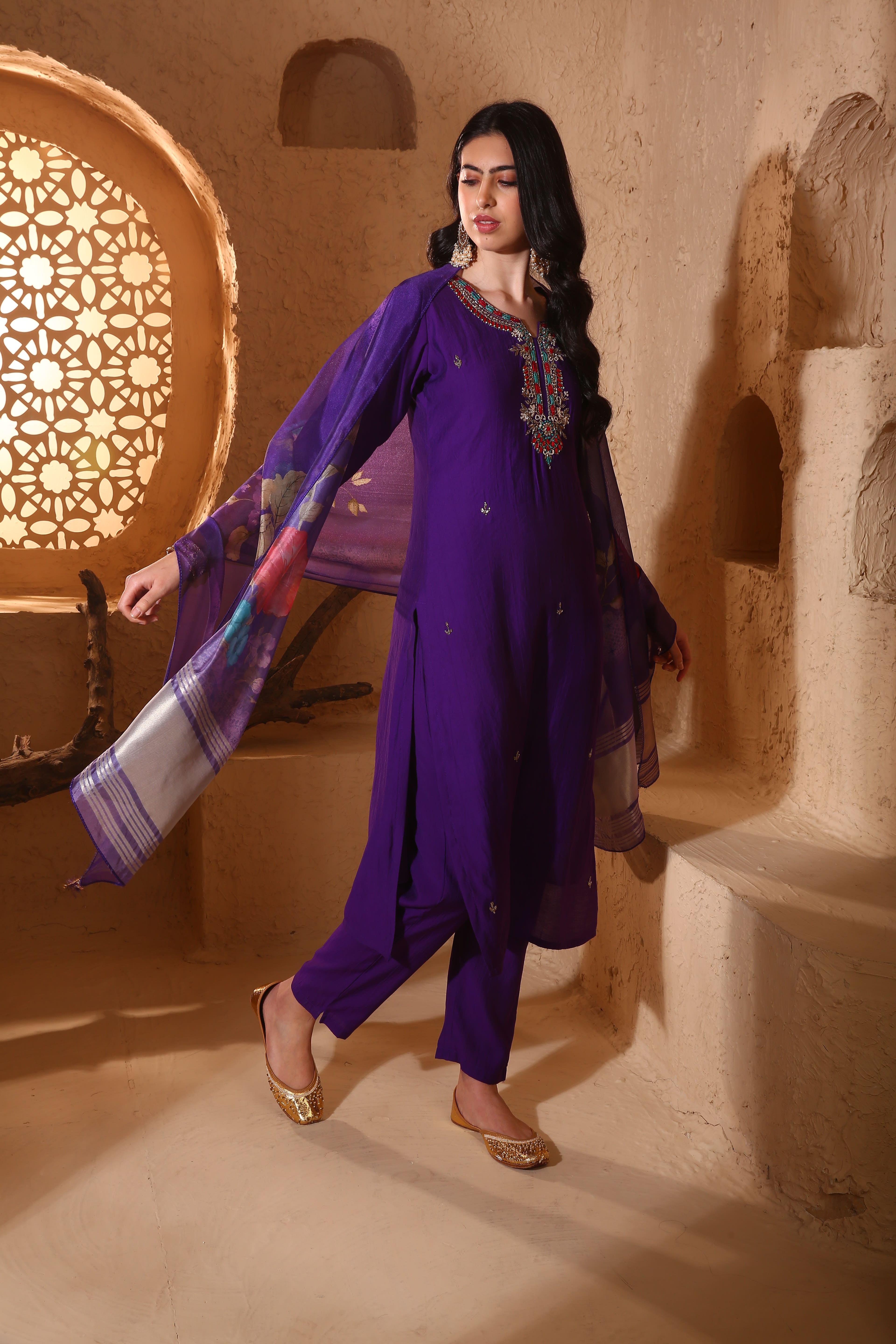 Purple Silk Suit Set with Resham & Cut Dana Work and Organza Dupatta - House of Surya