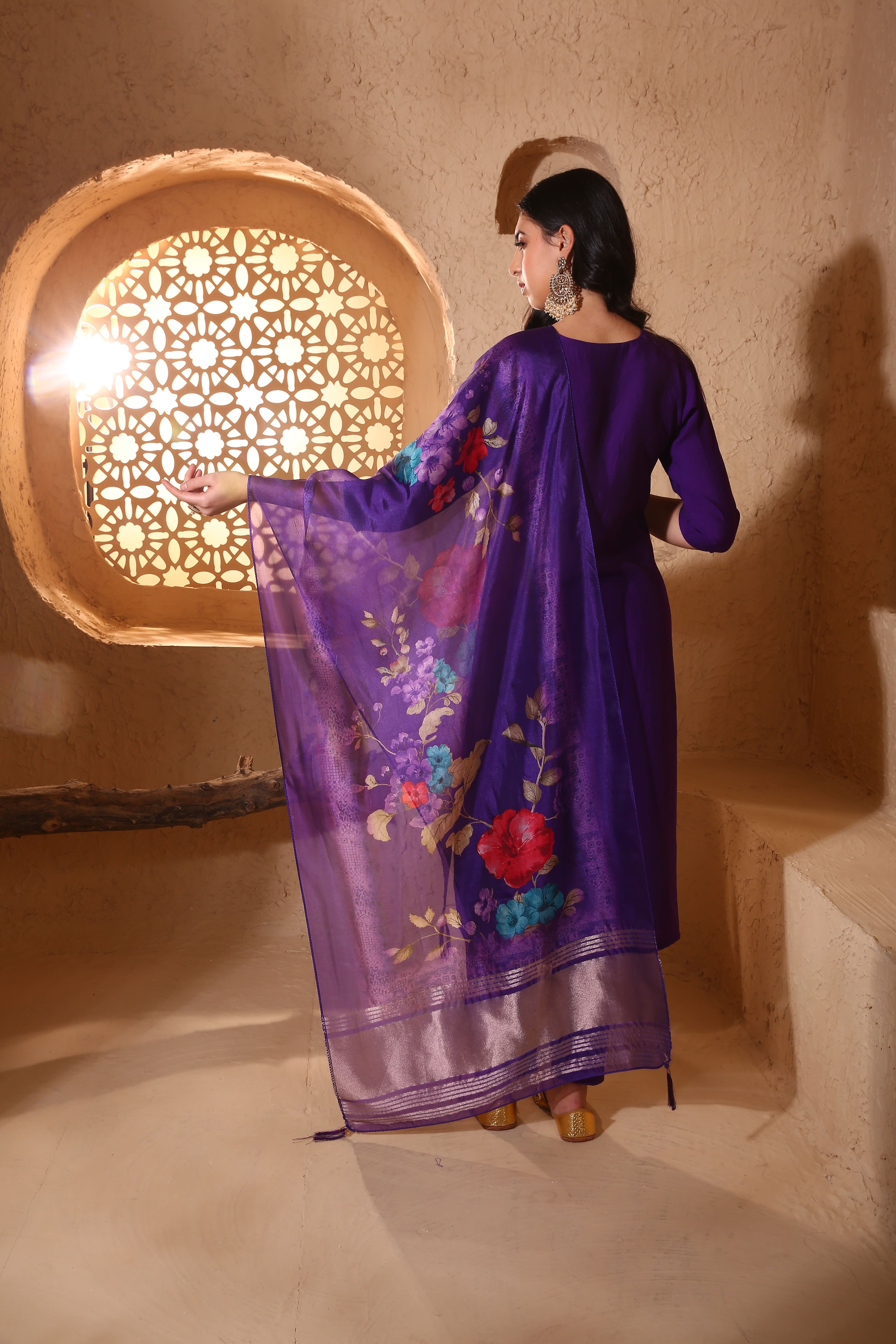 Purple Silk Suit Set with Resham & Cut Dana Work and Organza Dupatta - House of Surya