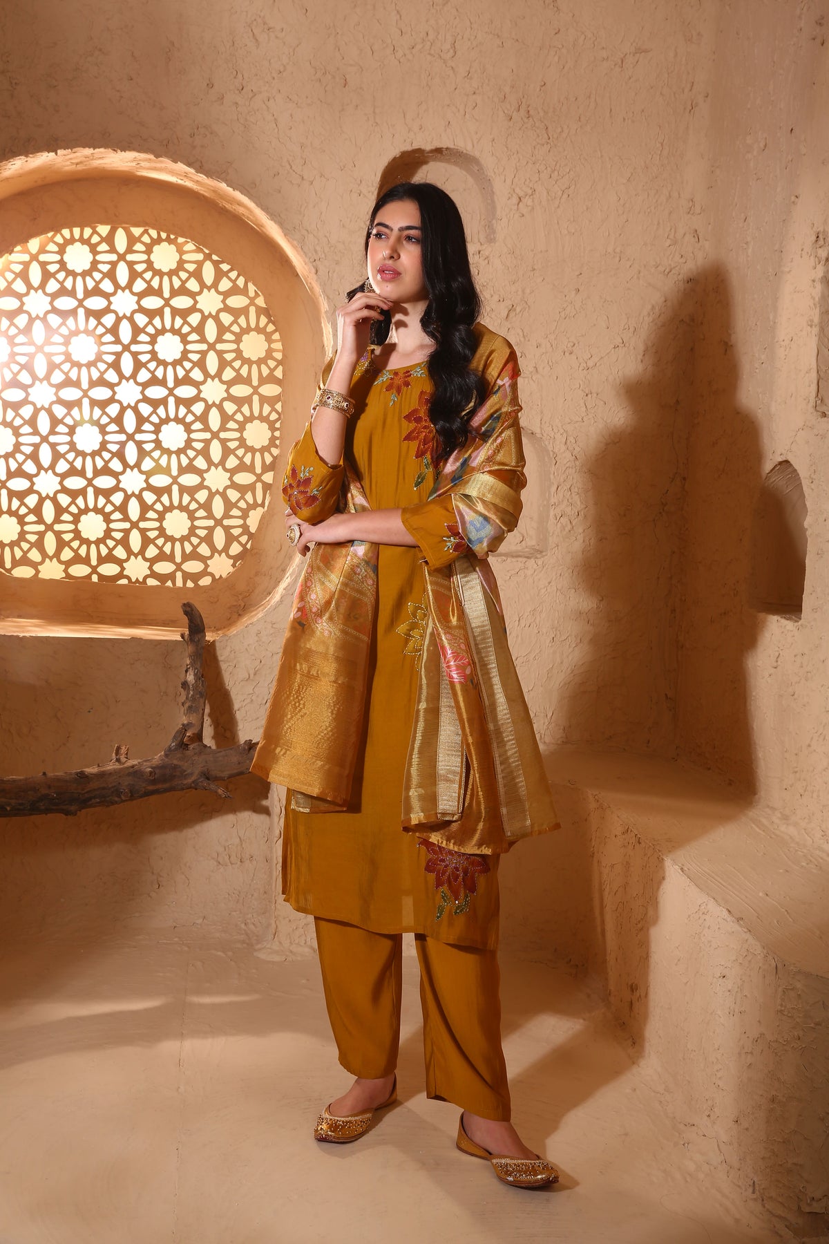 Yellow Silk Suit Set with Sequin & Resham Work and Organza Dupatta