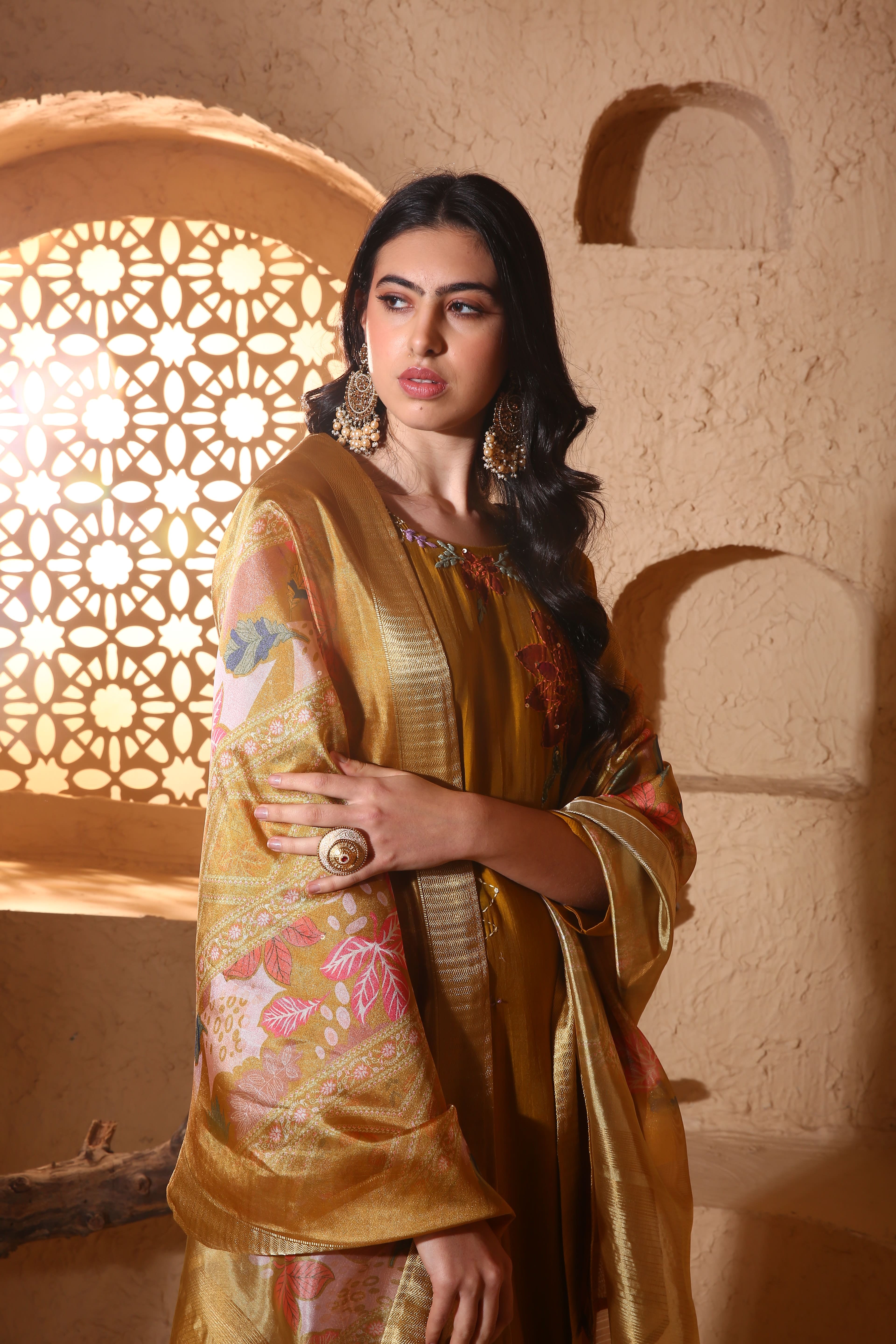 Yellow Silk Suit Set with Sequin & Resham Work and Organza Dupatta