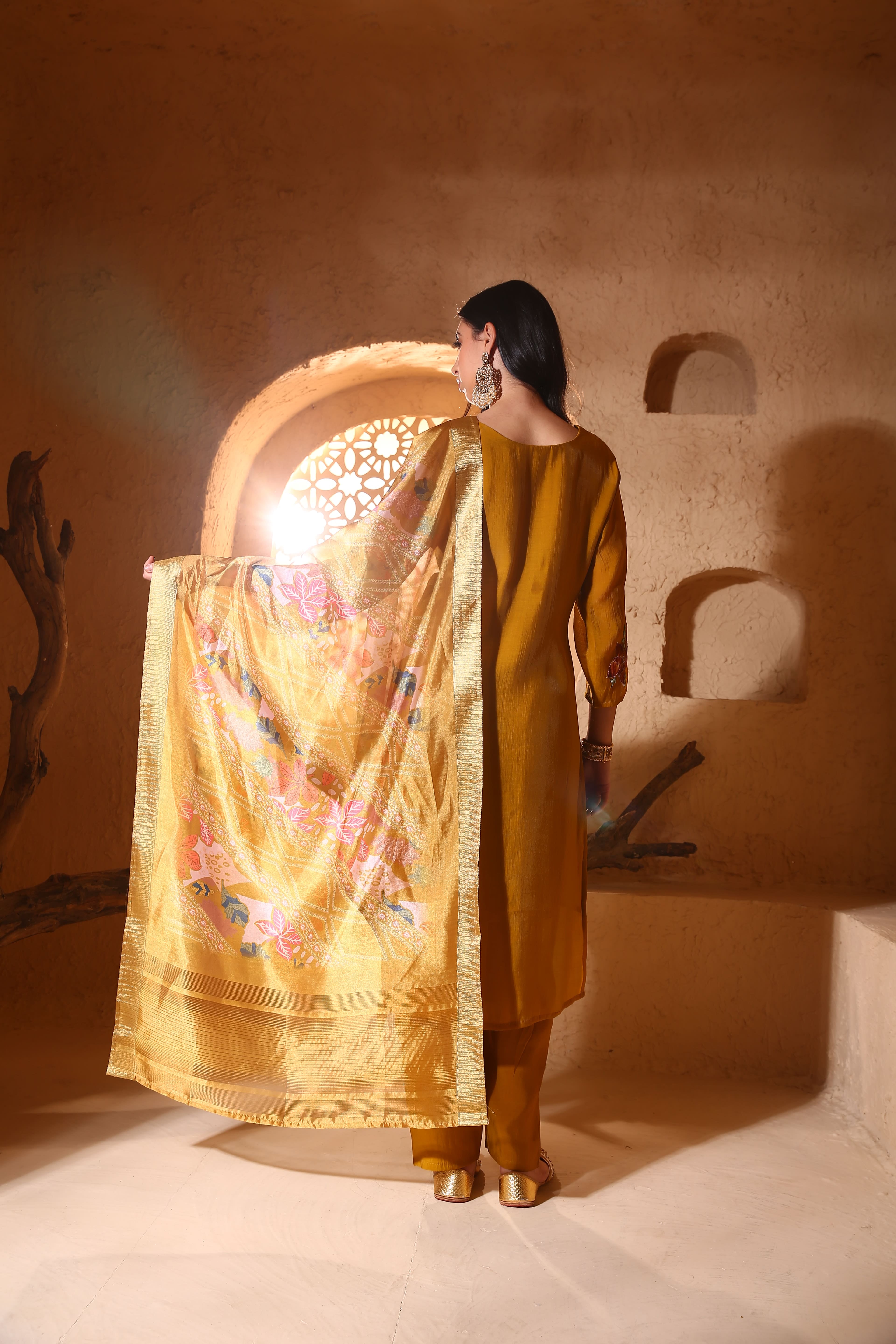 Yellow Silk Suit Set with Sequin & Resham Work and Organza Dupatta