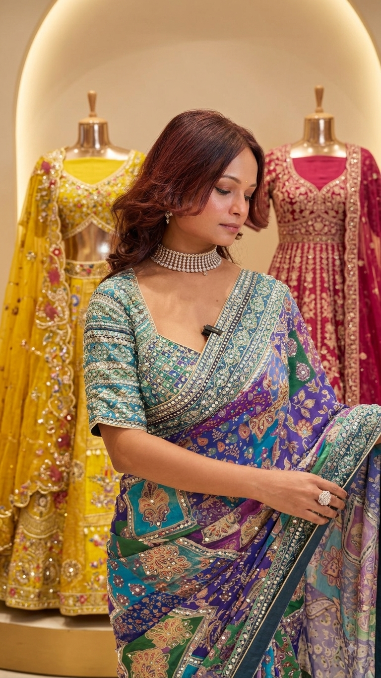 Georgette Saree with Mirror & Zari Work - House of Surya