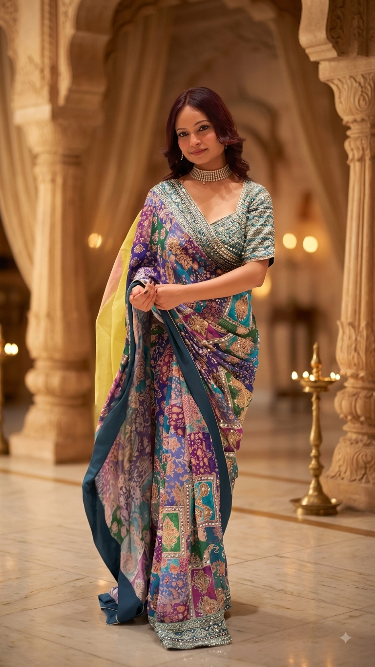 Georgette Saree with Mirror & Zari Work - House of Surya