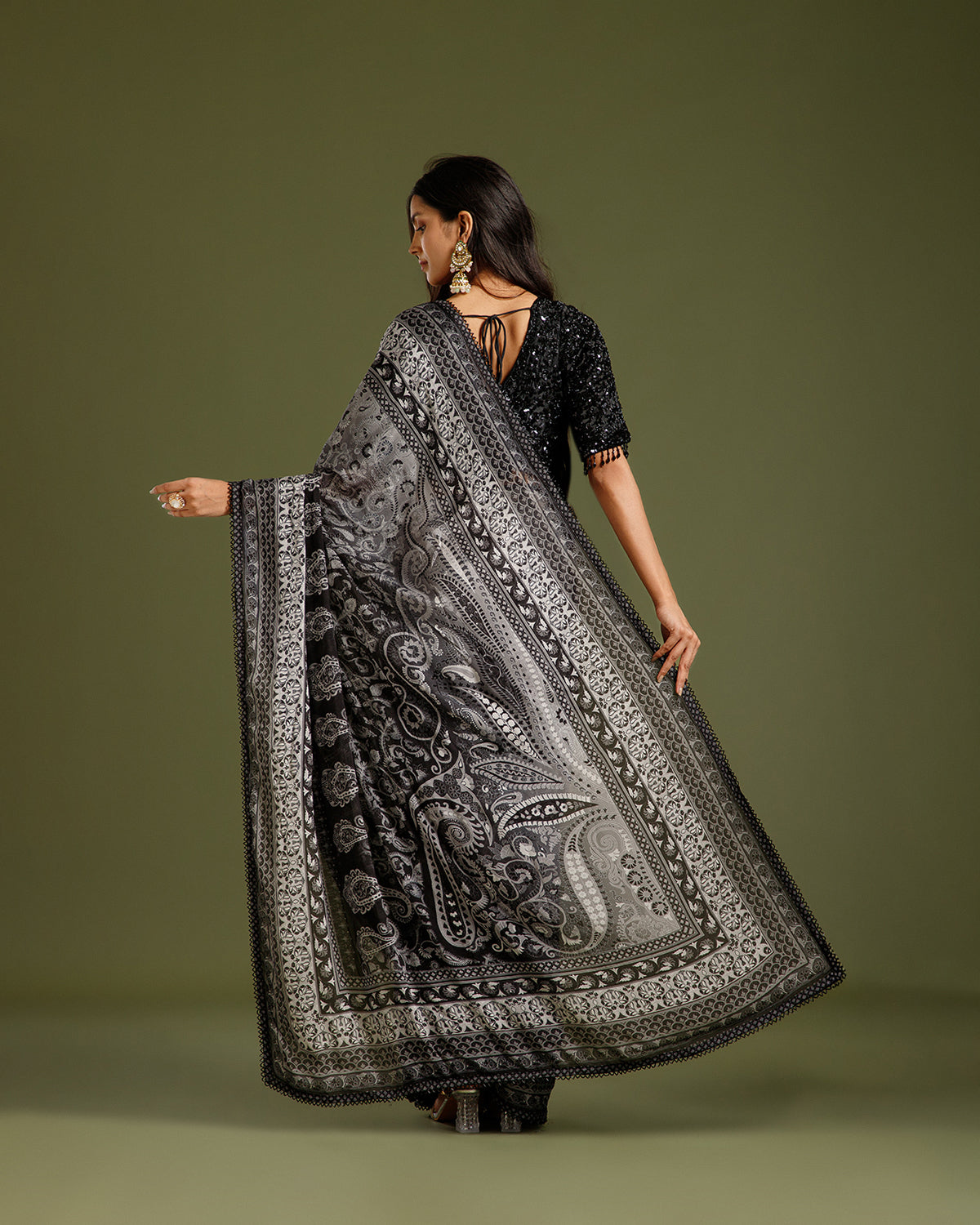 Black Chinon Crepe Saree with Nulki Work