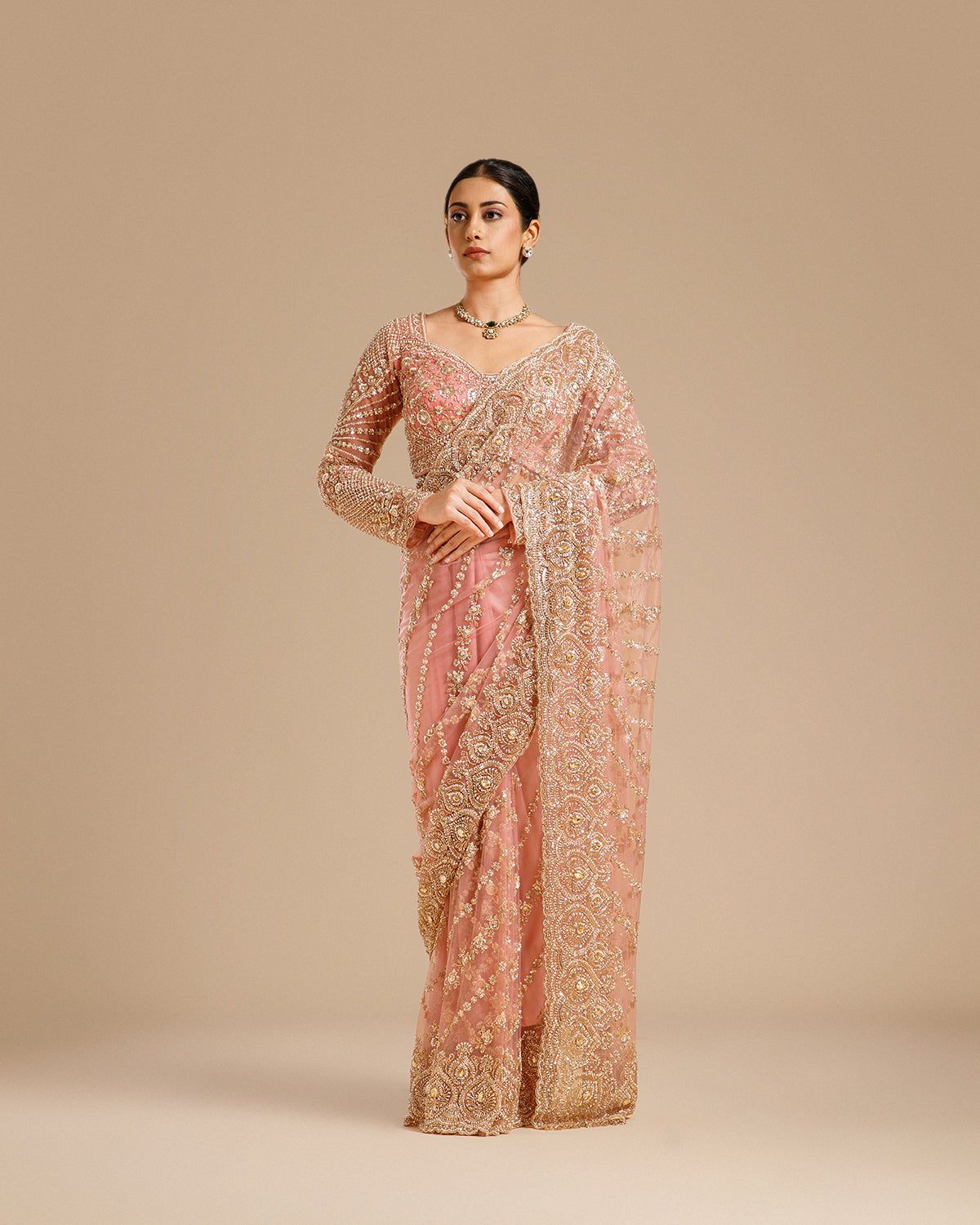 Pink Net Saree with Beads, Nulki, Sequin & Kundan Work