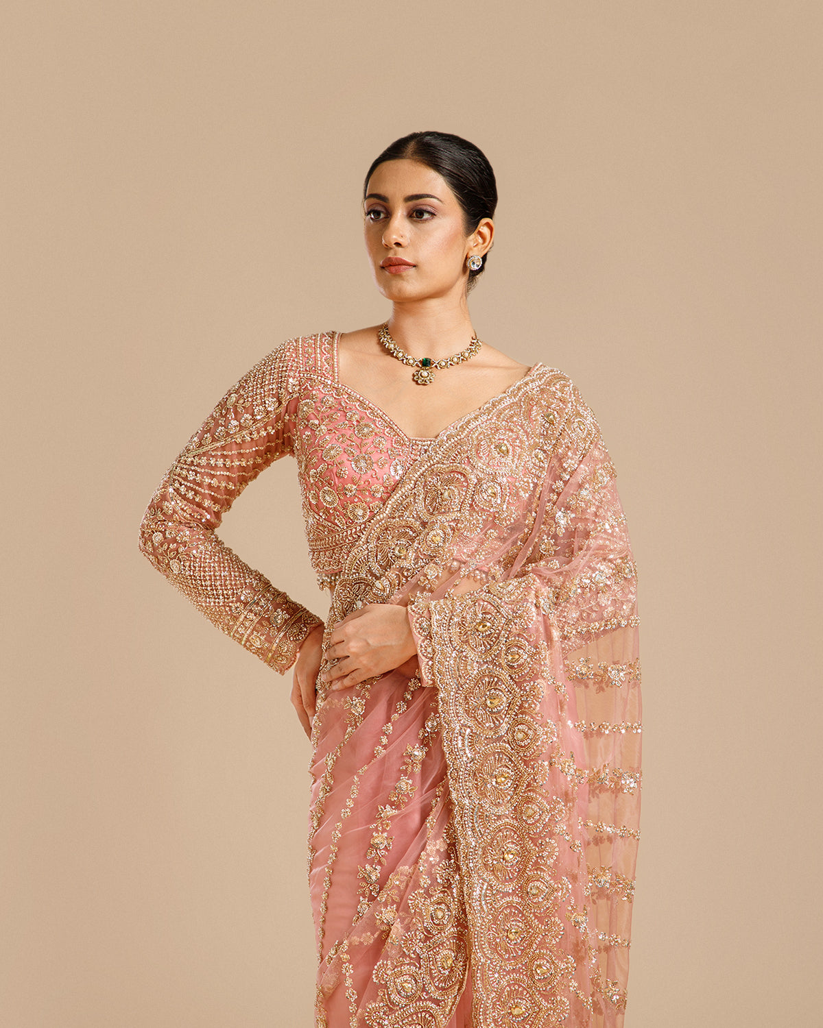 Pink Net Saree with Beads, Nulki, Sequin & Kundan Work
