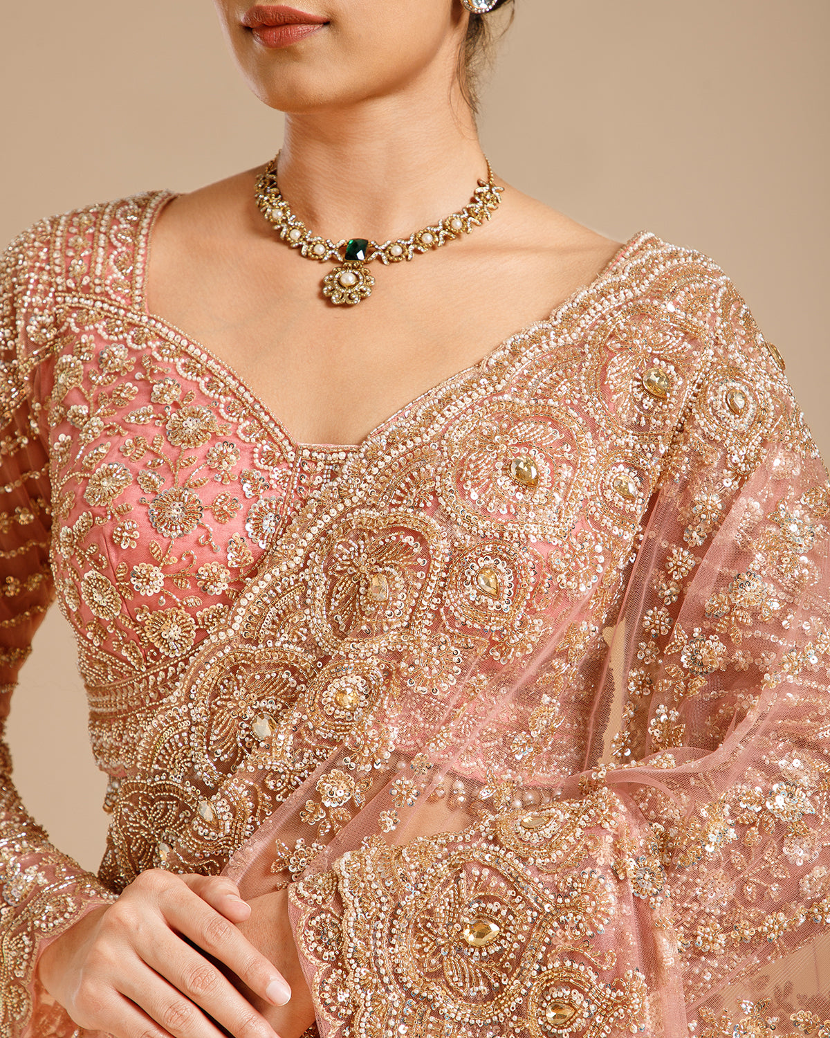 Pink Net Saree with Beads, Nulki, Sequin & Kundan Work