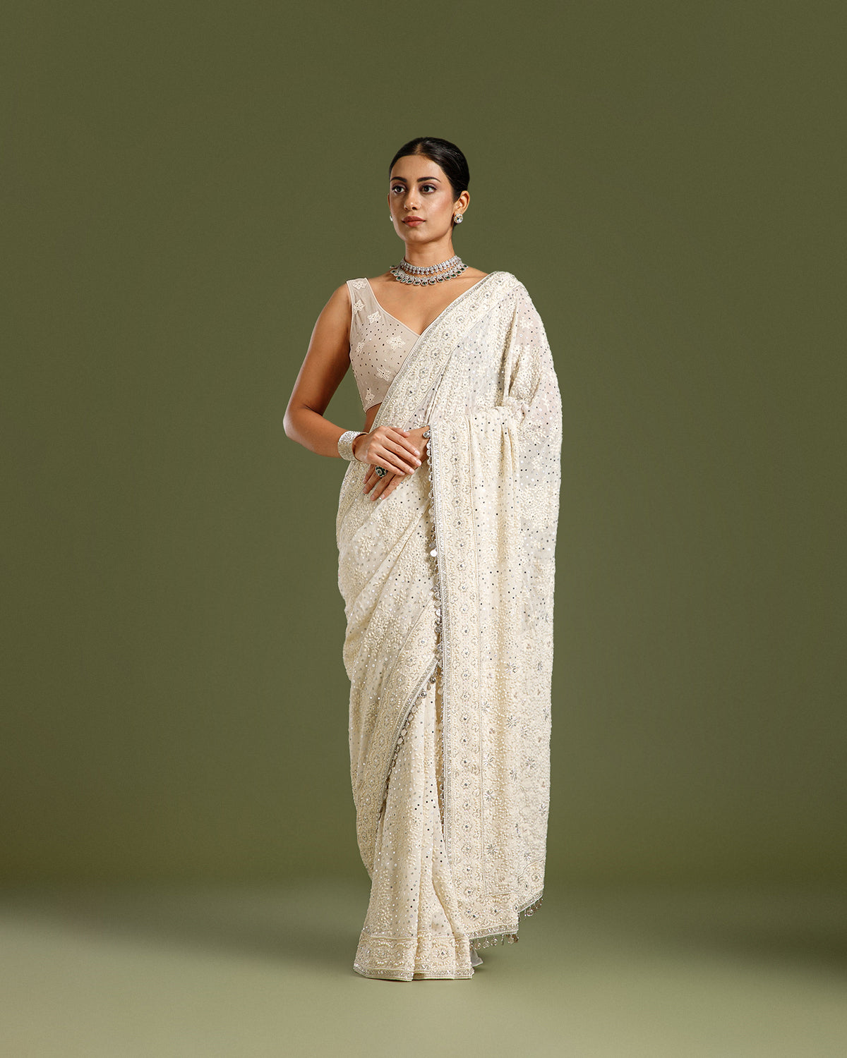 Off White Georgette Saree with Nulki, Moti, Sequin, Coin & Resham Work