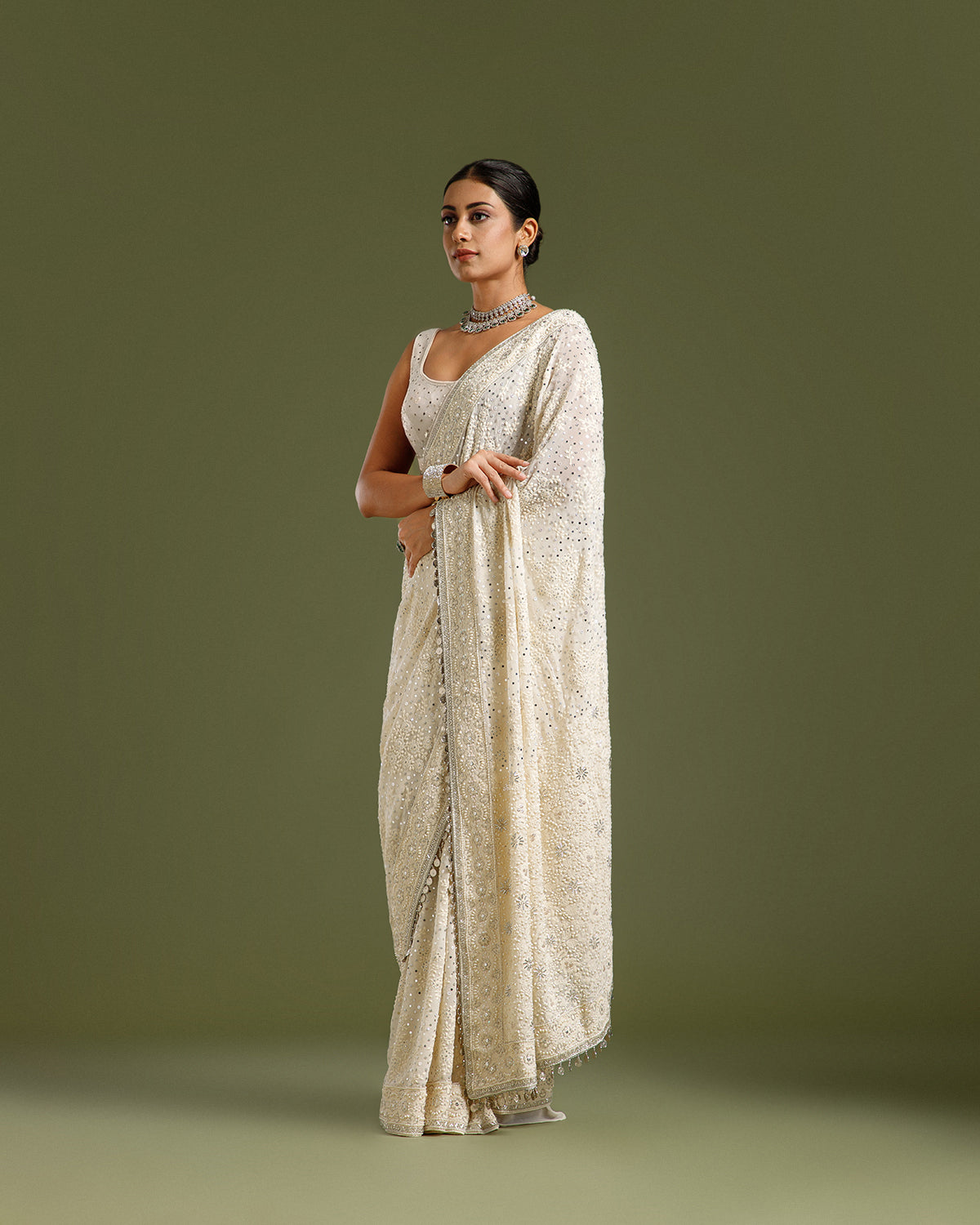 Off White Georgette Saree with Nulki, Moti, Sequin, Coin & Resham Work