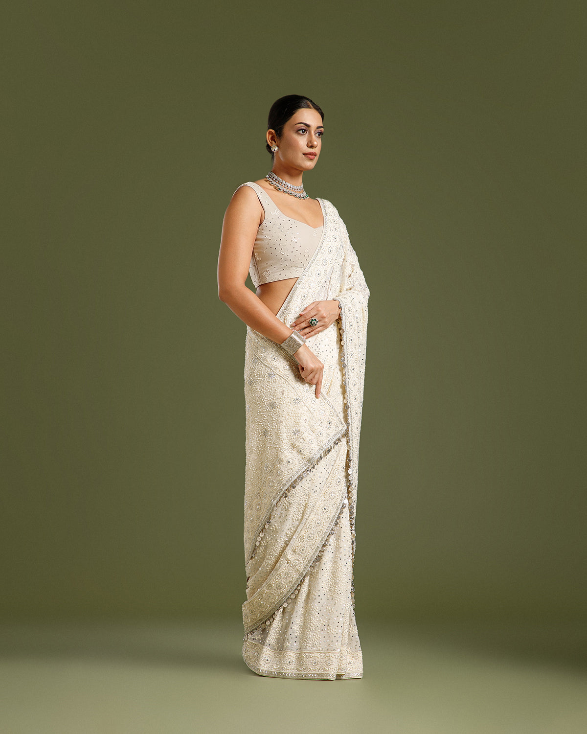 Off White Georgette Saree with Nulki, Moti, Sequin, Coin & Resham Work