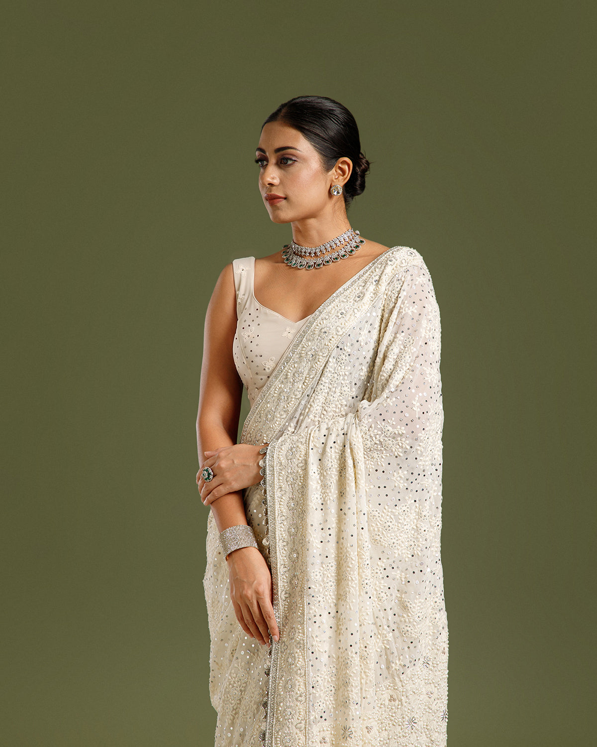 Off White Georgette Saree with Nulki, Moti, Sequin, Coin & Resham Work