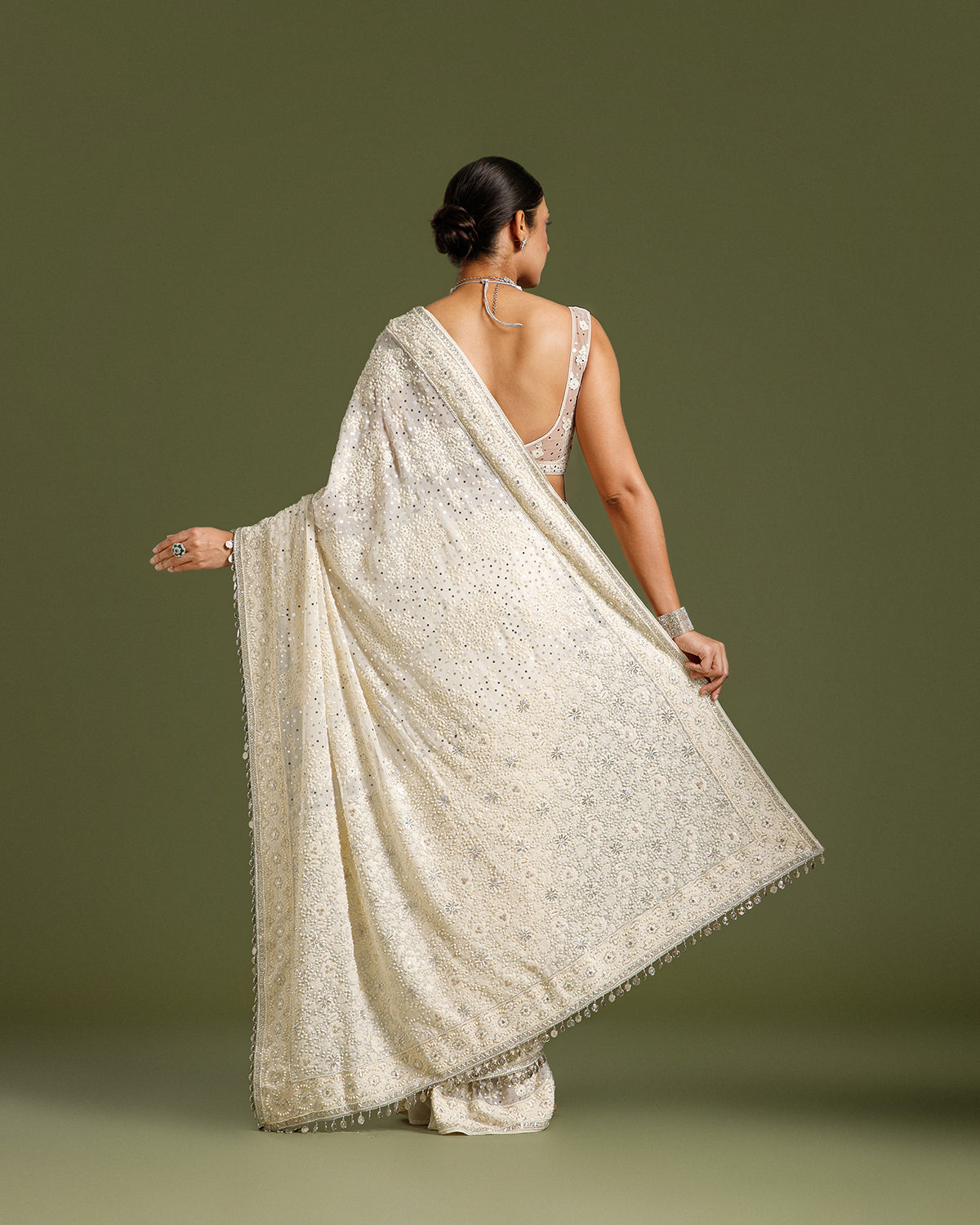 Off White Georgette Saree with Nulki, Moti, Sequin, Coin & Resham Work