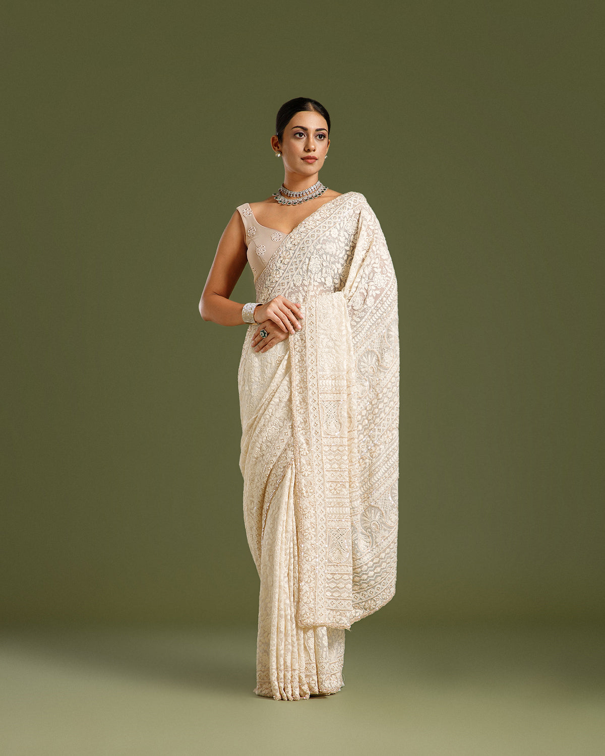 Off White Georgette Saree with Nulki, Sequin & Resham Work