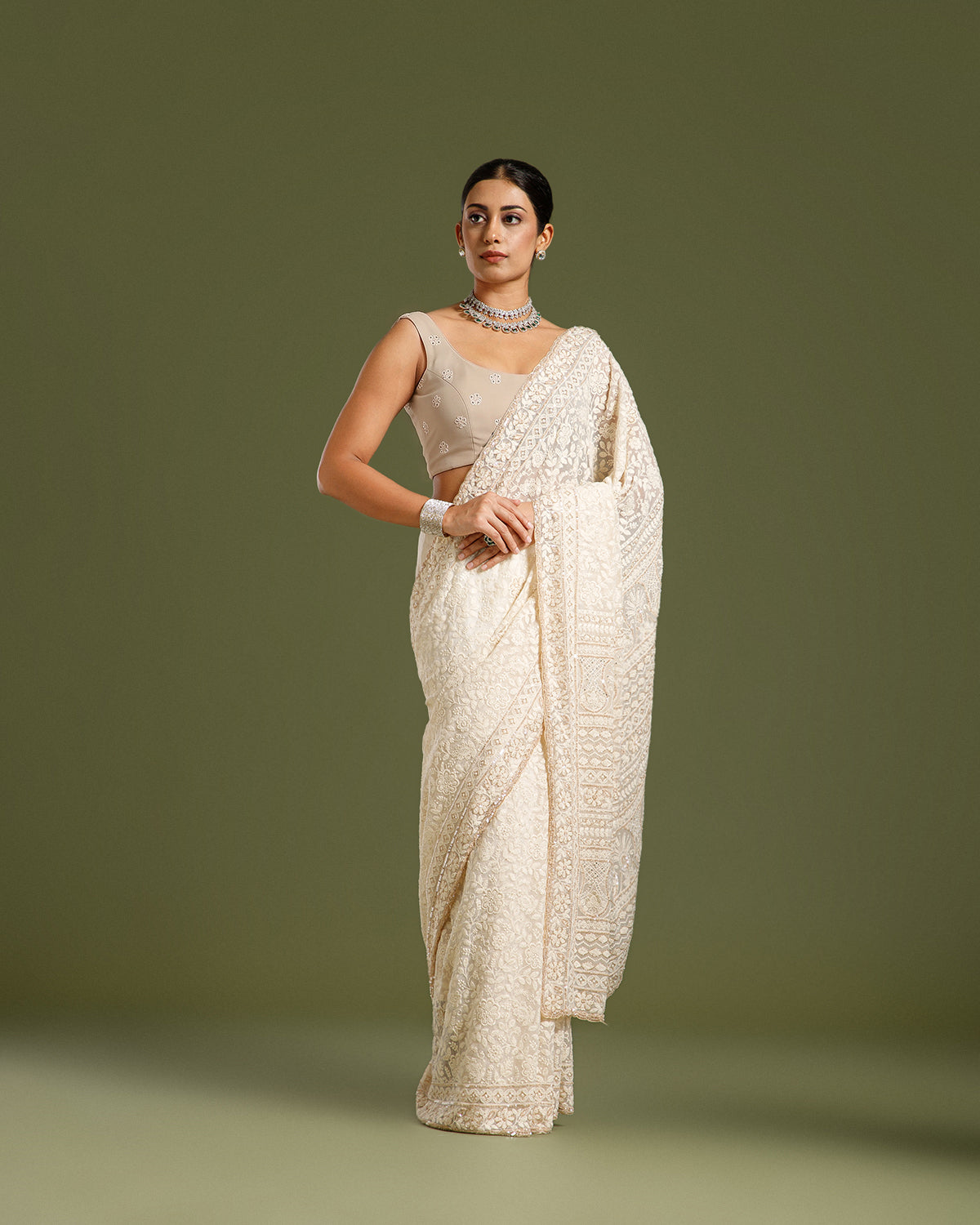 Off White Georgette Saree with Nulki, Sequin & Resham Work
