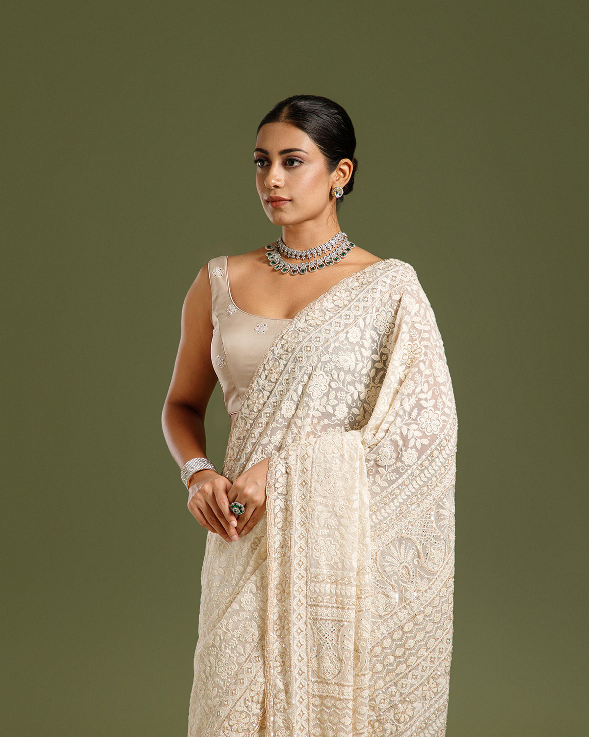 Off White Georgette Saree with Nulki, Sequin & Resham Work