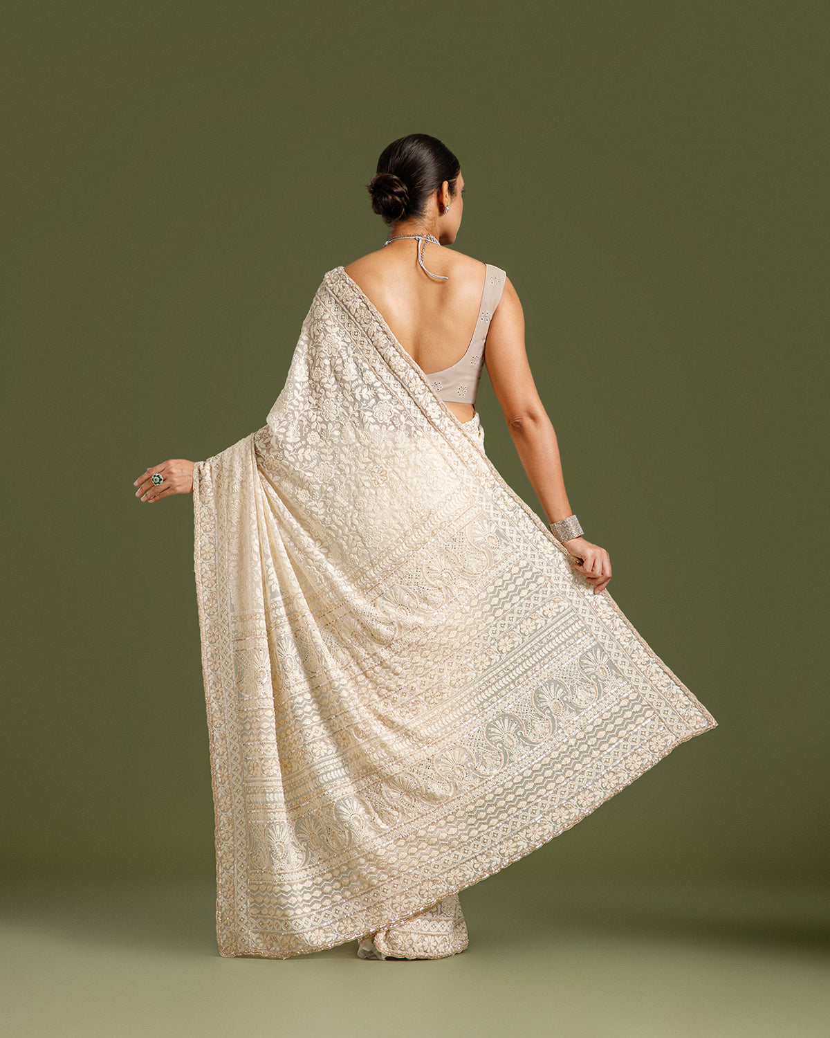 Off White Georgette Saree with Nulki, Sequin & Resham Work