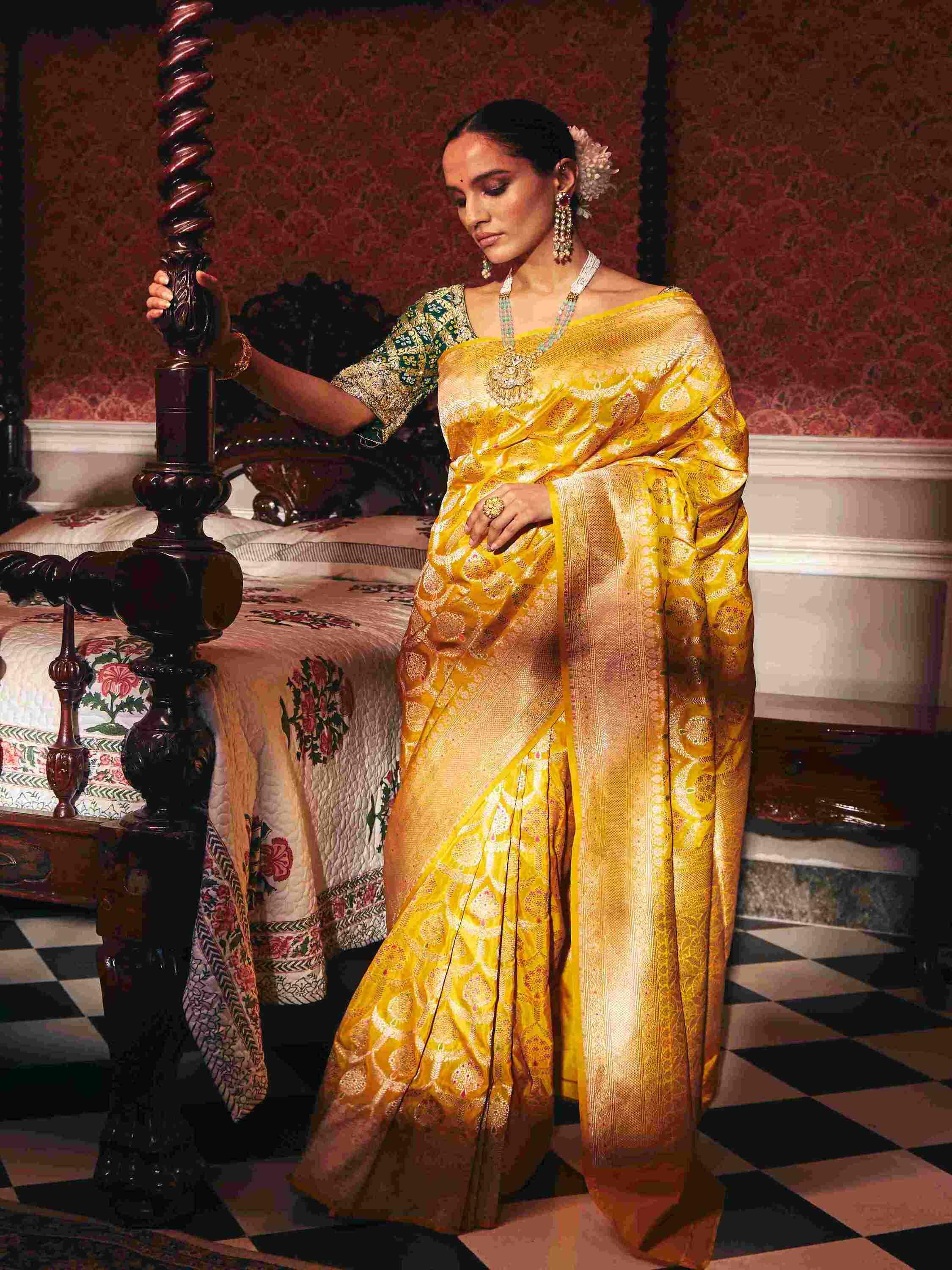 Pure Banarsi Katan Silk, with Golden Zari Weaving and Meenakari - House of Surya