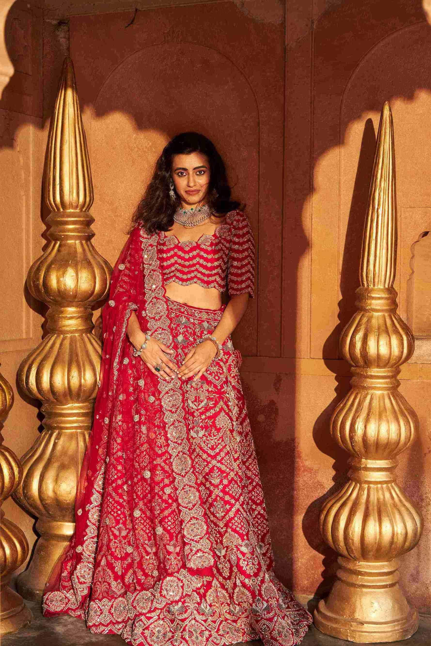 Red Bridal Lehenga Choli with Resham and Pearls work - House of Surya