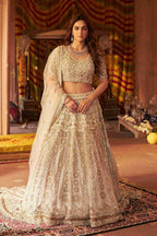 Ivory Lehenga Choli with Pearls, Sequins and Cut Dana Work - House of Surya