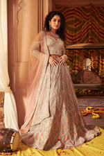 Peach Bridal Lehenga Choli with Poth, Pearls and Cutdana Work - House of Surya