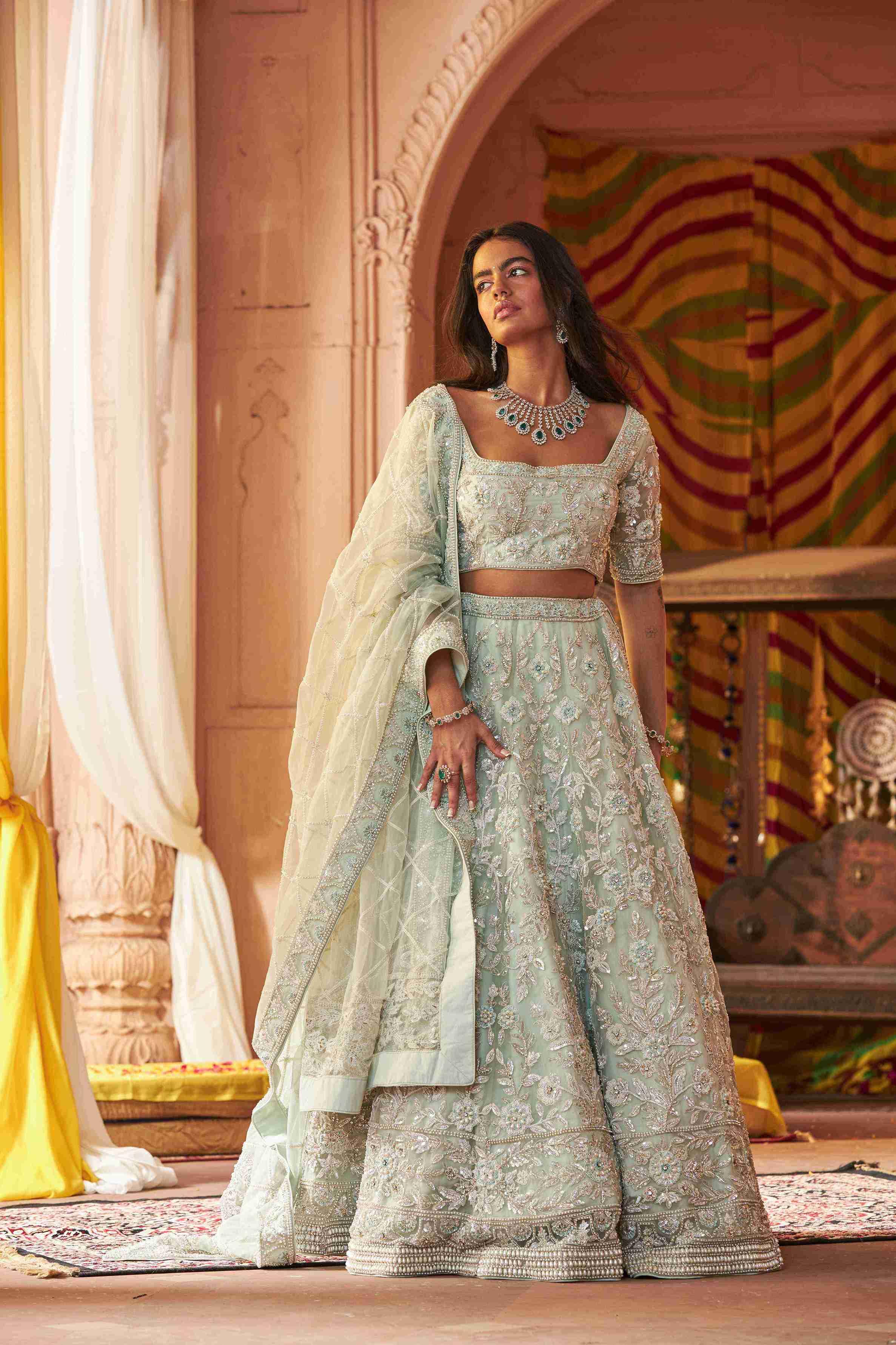 Ice Blue Organza Lehenga Choli with Pearls, Sequins, and Dori Detailing - House of Surya