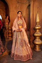 Peach Raw Silk Bridal Lehenga with Sequins and Zardozi Work - House of Surya