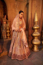 Peach Raw Silk Bridal Lehenga with Sequins and Zardozi Work - House of Surya